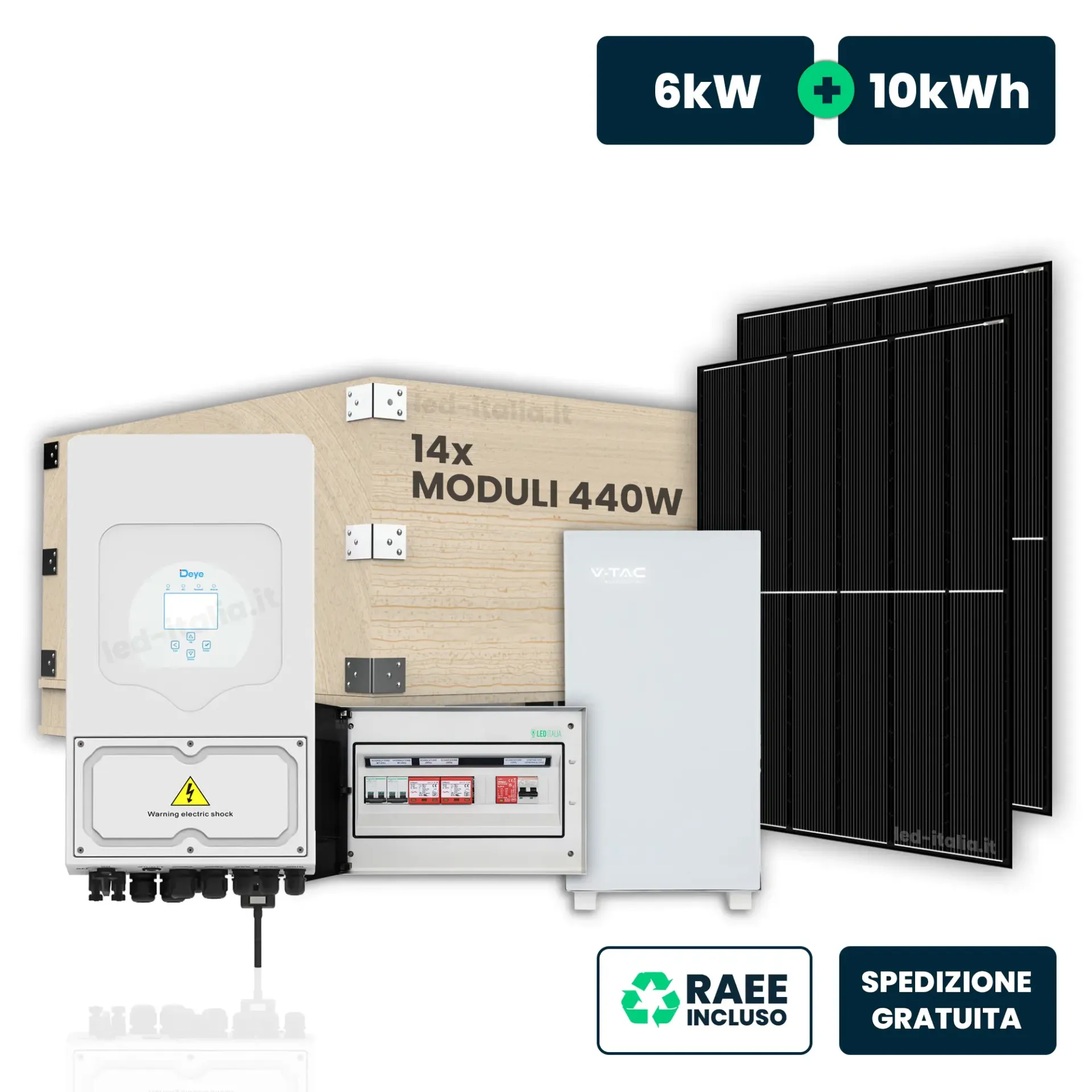 KIT Fotovoltaico Monofase 6kW con Inverter Ibrido, 14 Moduli 440W (6.16kW) Full Black con Accumulo LFP 10kWh e Quadro Combinato 2-2 AC-DC 6kW, vista generale dei componenti