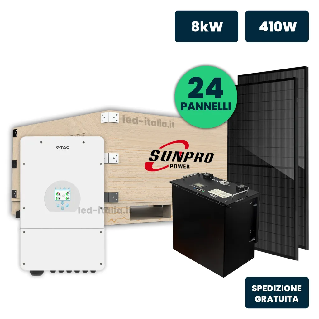 KIT Fotovoltaico Monofase 8kW con Inverter Ibrido, 24 Moduli 440W (10.32kW) Full Black con Accumulo LFP 10kWh, vista generale componenti