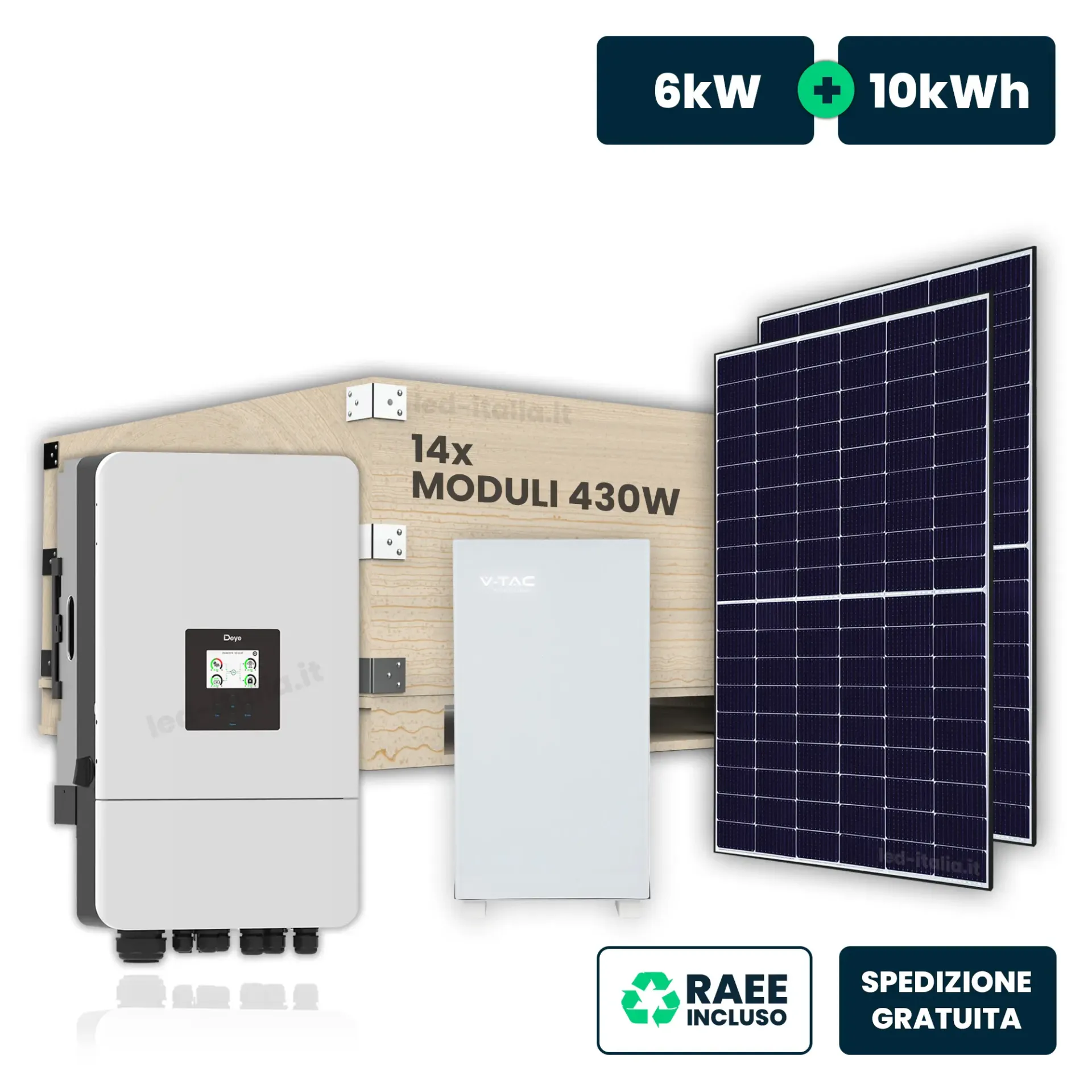 KIT Fotovoltaico Trifase 6kW con Inverter Ibrido Deye 14 Moduli 440W TOPCon Full Black con Accumulo LFP 10kWh, vista generale componenti