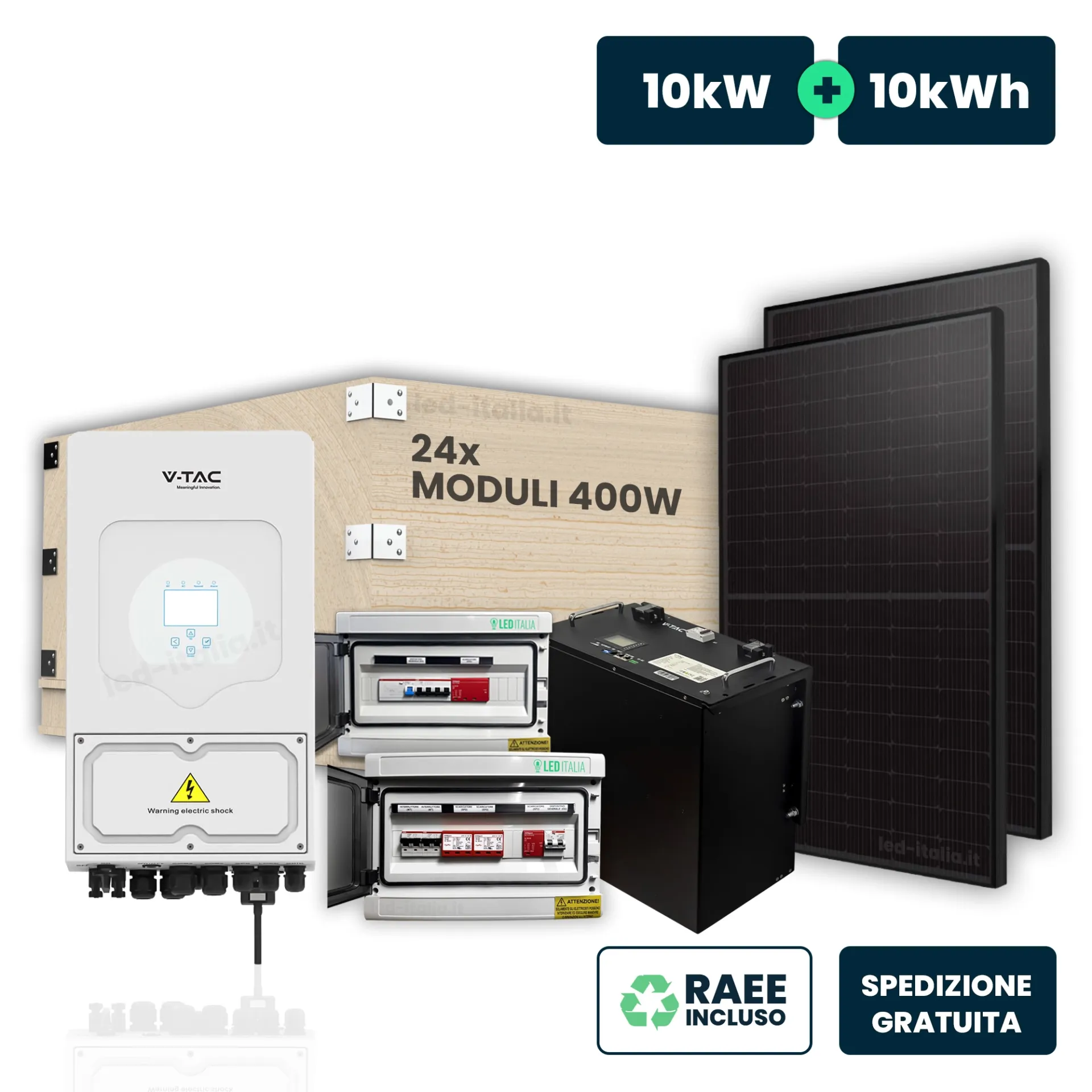 KIT Fotovoltaico Trifase 10kW con Inverter Ibrido, 24 Moduli 440W (10.32kW) Full Black con Accumulo LFP 10kWh e Quadri DC 2/2 e AC 1/1 10kW, vista generale prodotti
