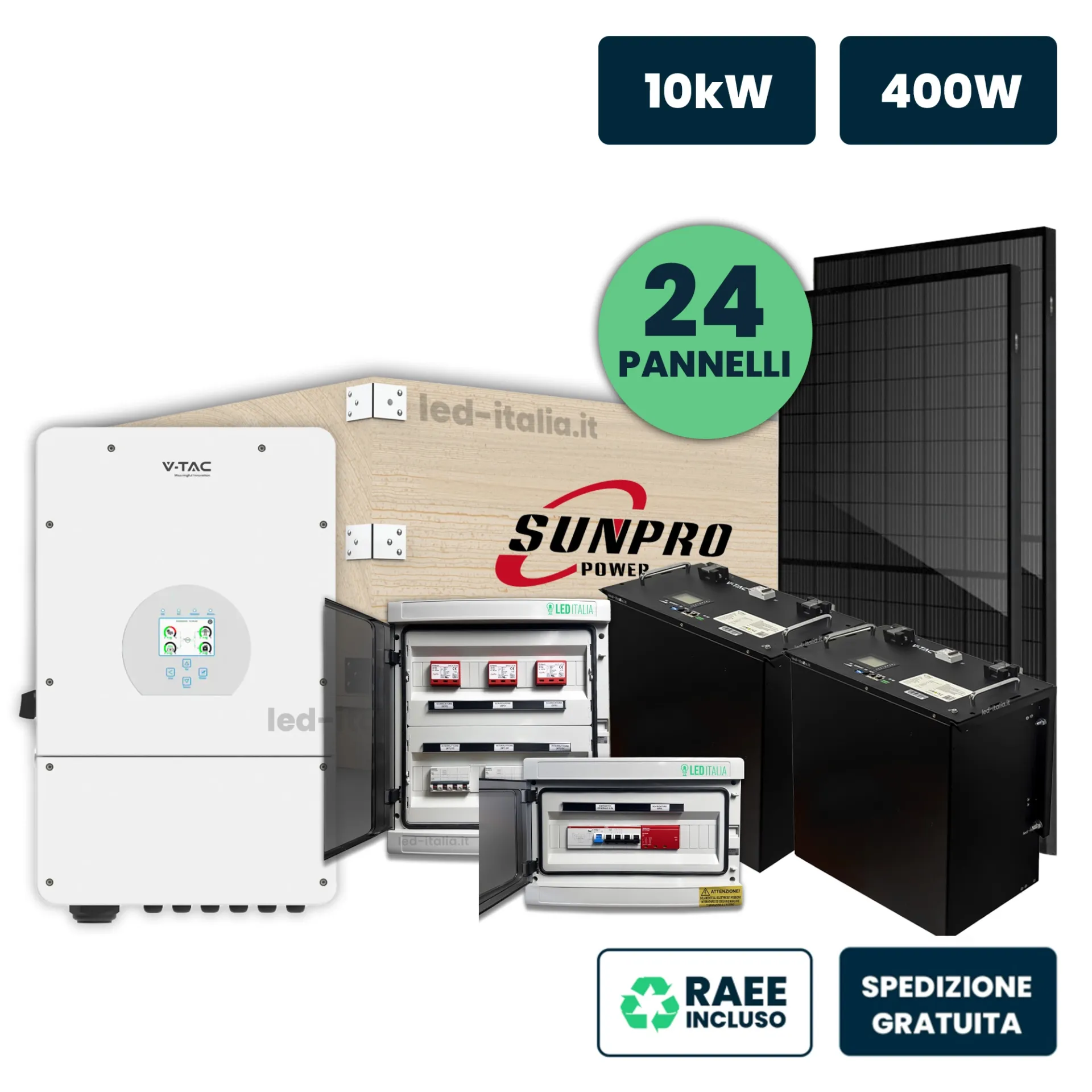 KIT Fotovoltaico Trifase 10kW con Inverter Ibrido, 24 Moduli 440W (10.32kW) Full Black con Accumulo LFP 20kWh, Quadri DC 3-3 e AC 1-1 10kW, vista generale componenti