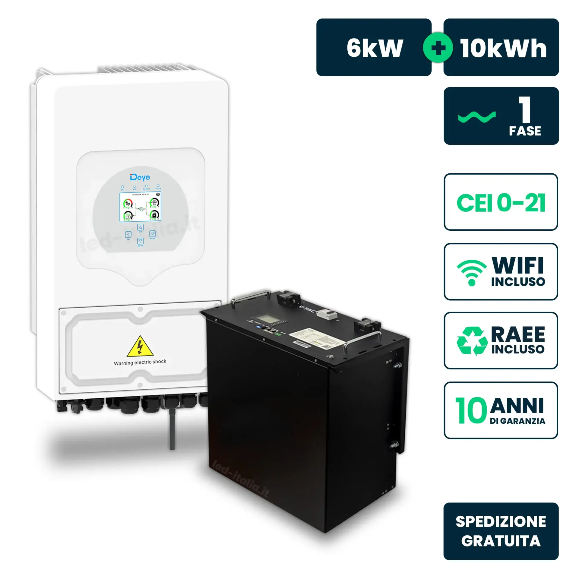 Kit Fotovoltaico Monofase 6kW con Inverter Ibrido Deye bianco e Batteria LiFePO4 10kWh Doppio MPPT CEI 021 WiFi 11529 + 11523, vista frontale angolata