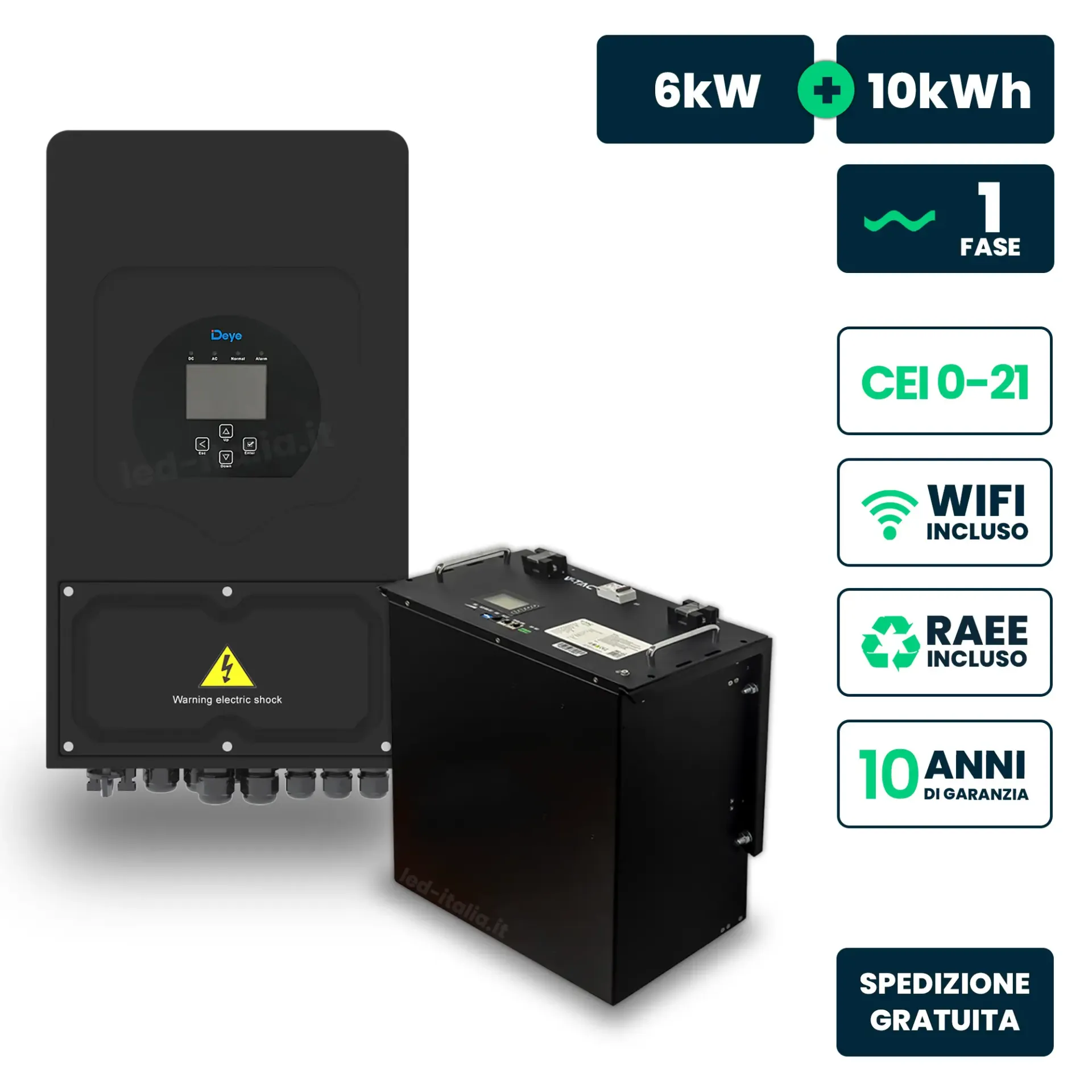 Kit Fotovoltaico Monofase 6kW con Inverter Ibrido Deye nero e Batteria LiFePO4 10kWh Doppio MPPT CEI 021 WiFi 115291 + 11523, vista frontale generale