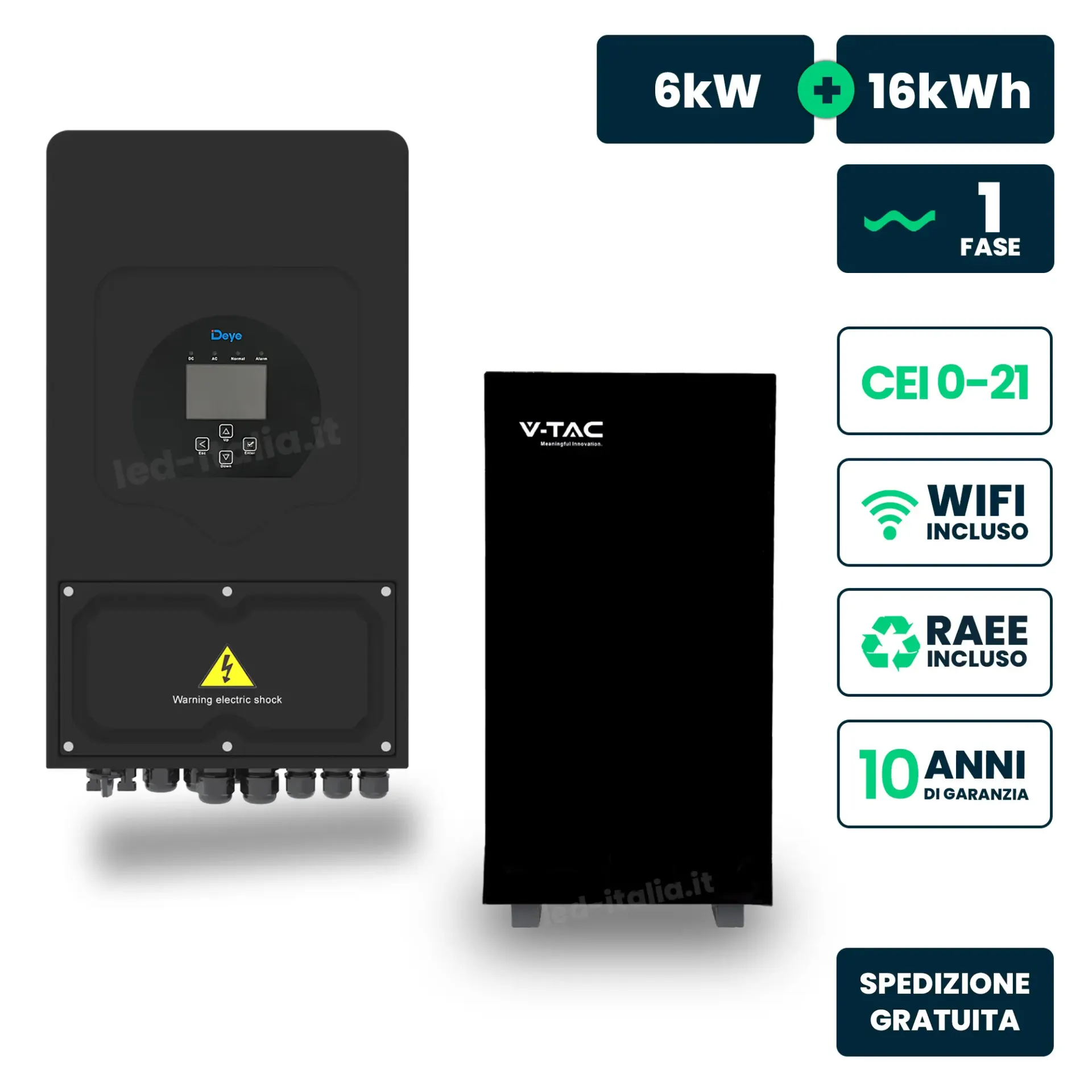 Kit Fotovoltaico Monofase Ibrido LV 6kW+16kWh LFP CEI 0-21 Nero, vista frontale generale