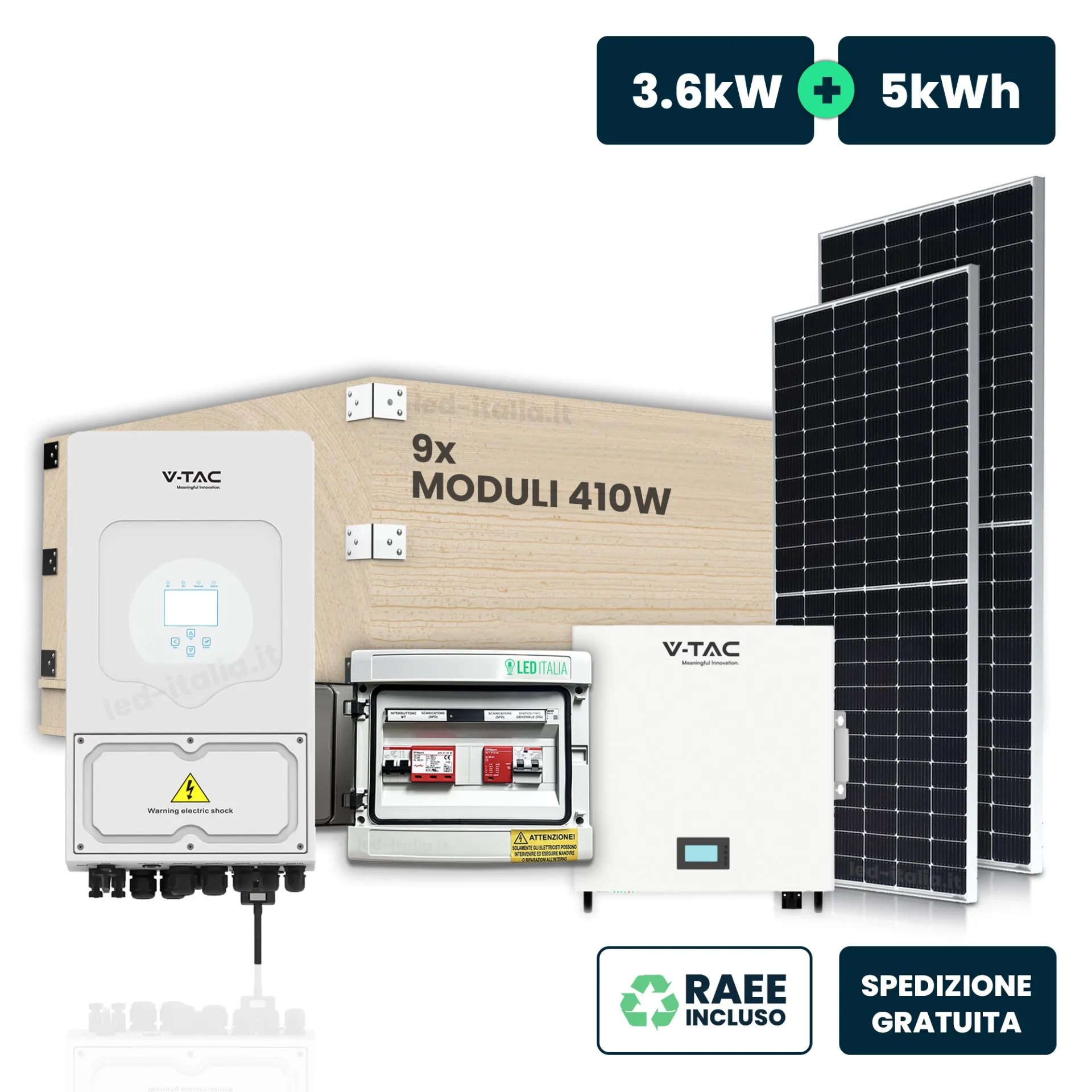 KIT Fotovoltaico Monofase 3.6kW con Inverter Ibrido Deye, 9 Moduli 440W (3.87kW) Full Black con Accumulo LFP 5kWh CEI 0-21 Quadri AC/DC 1/1 3kW, vista generale componenti