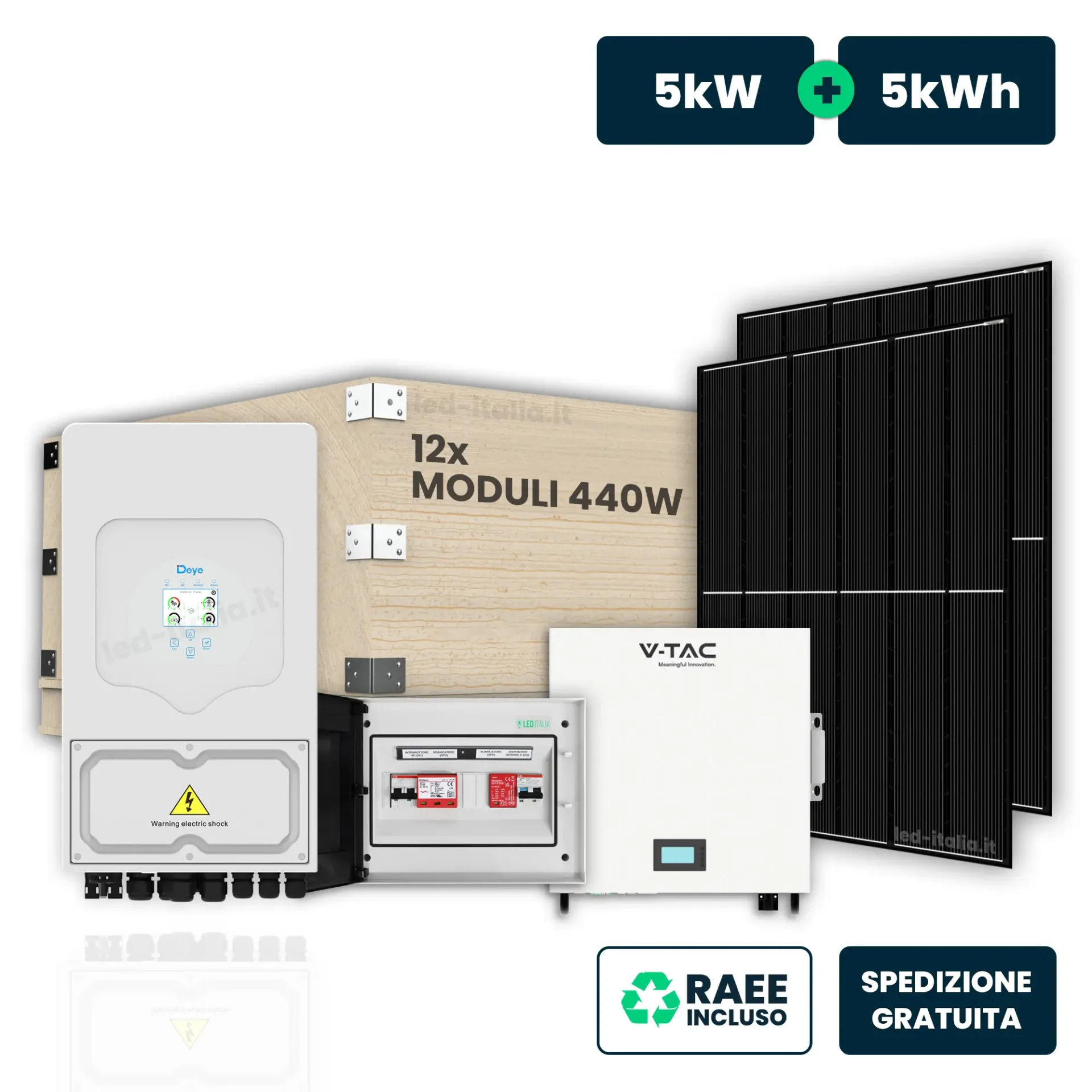 KIT Fotovoltaico Monofase 5kW con Inverter Ibrido Deye, 12 Moduli 440W (5.16kW) Full Black con Accumulo LFP 5kWh CEI 0-21 Quadri AC/DC 1/1 5kW, vista generale componenti