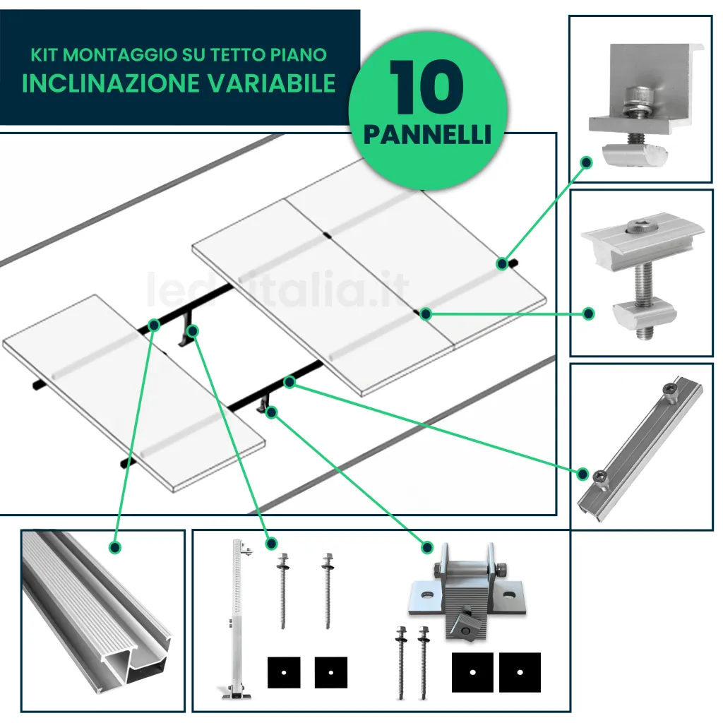 Kit Struttura in Alluminio per montaggio 10 Pannelli Fotovoltaici 30mm per installazione su Tetto Piano con Inclinazione Variabile, vista esplosa componenti