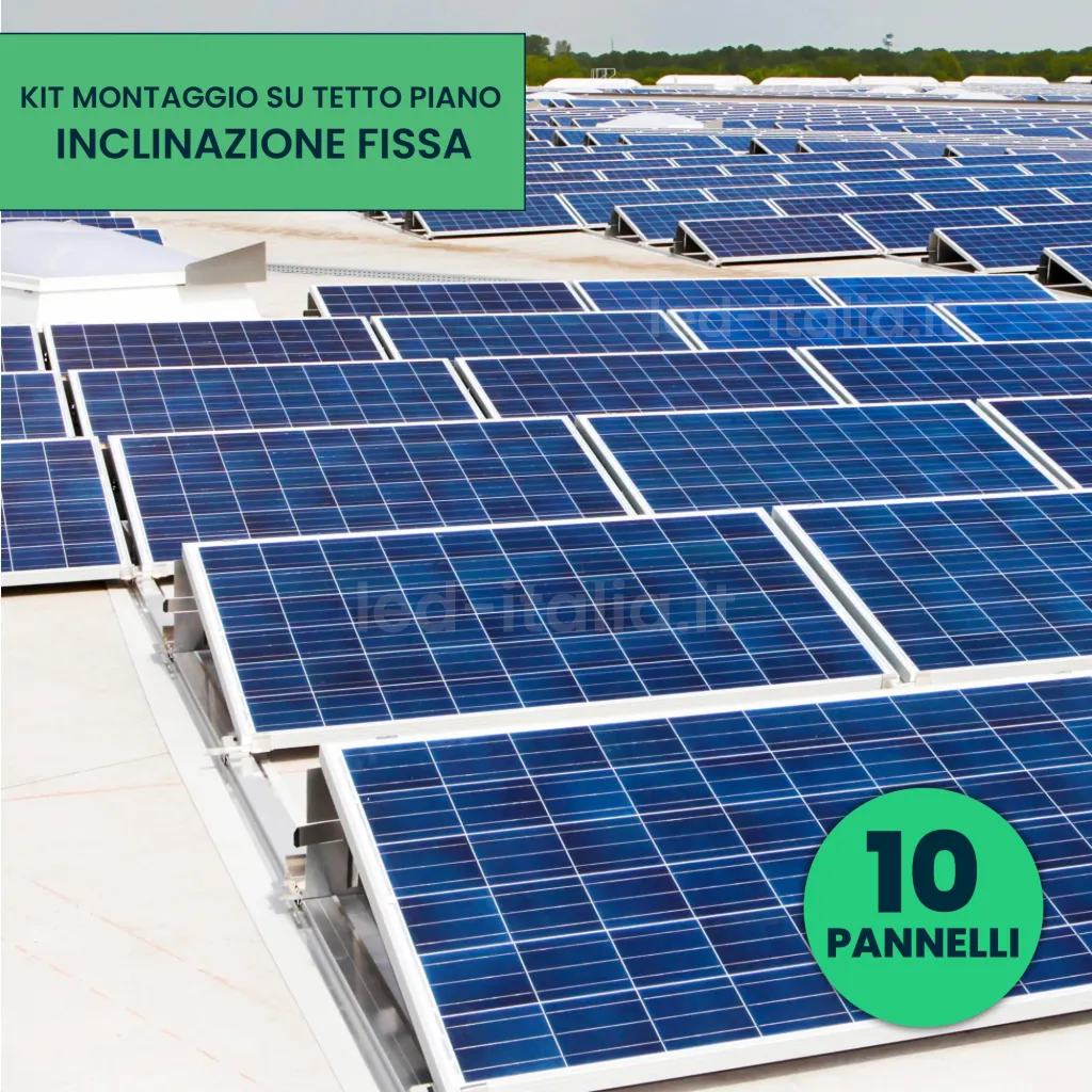 Kit Struttura in Alluminio per montaggio 10 Pannelli Fotovoltaici 30mm per installazione su Tetto Piano con Inclinazione Fissa, vista angolata dall'alto