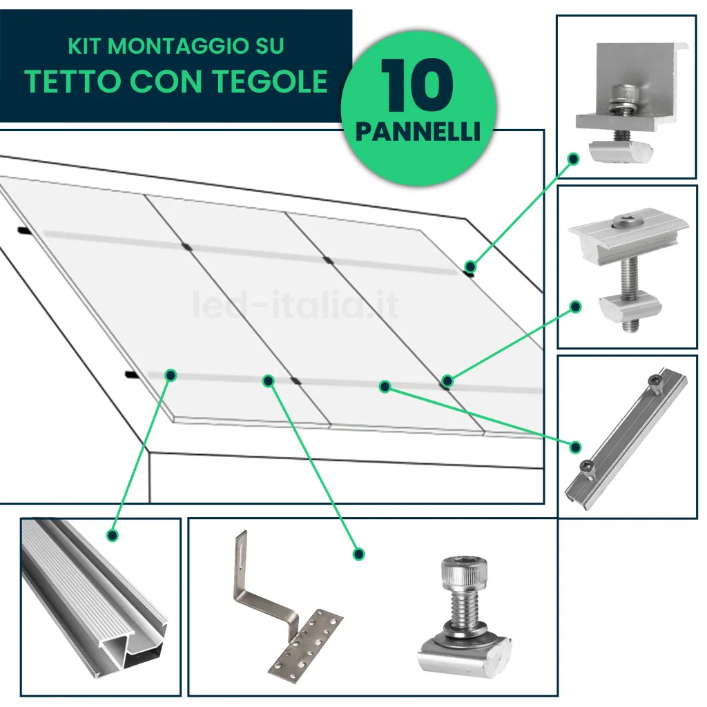 Kit Struttura in Alluminio per montaggio 10 Pannelli Fotovoltaici 30mm per installazione su Tetto con Tegole, vista esplosa componenti