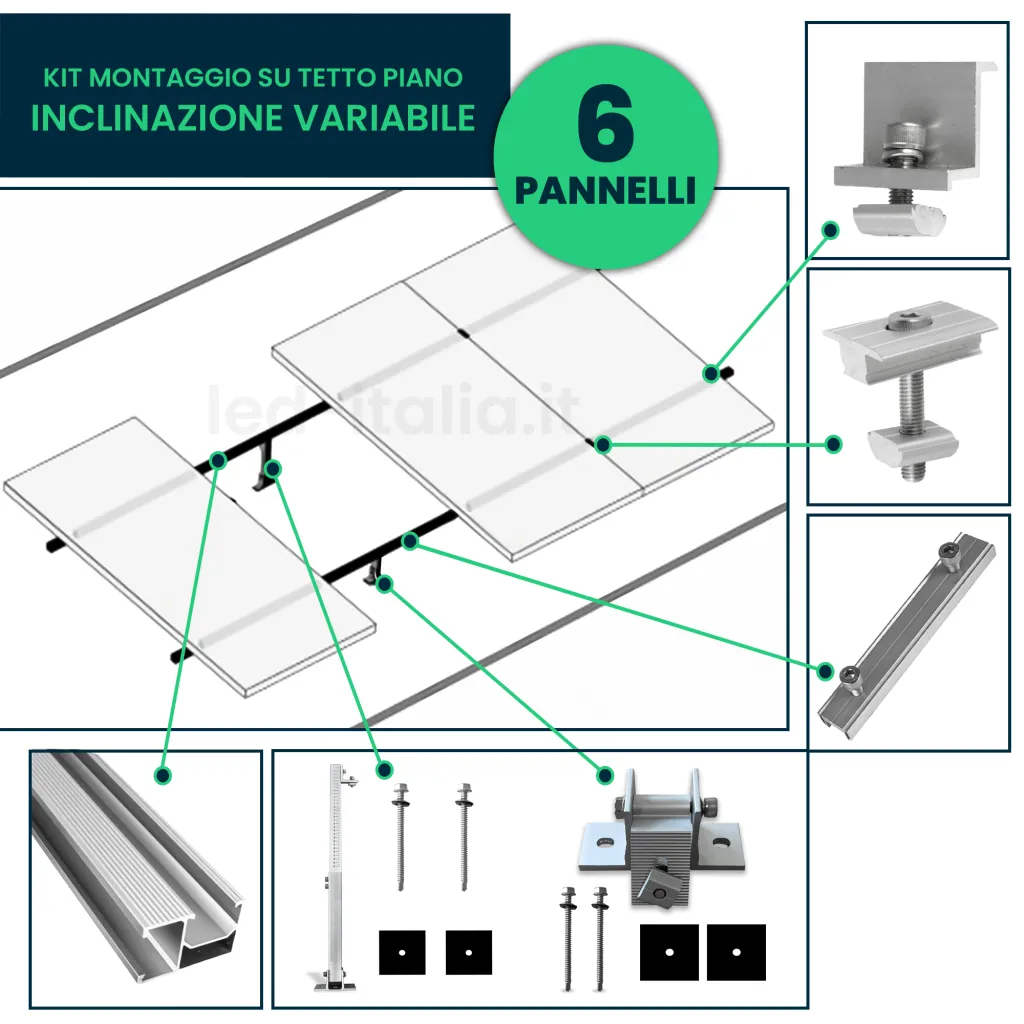 Kit Struttura in Alluminio per montaggio 6 Pannelli Fotovoltaici 30mm per installazione su Tetto Piano con Inclinazione Variabile, schema componenti assemblati