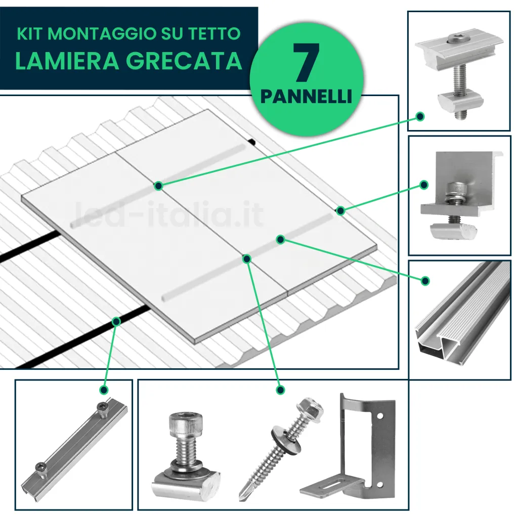 Kit Struttura in Alluminio per montaggio 7 Pannelli Fotovoltaici 30mm per installazione su Tetto in Lamiera Grecata Orizzontale, vista generale componenti