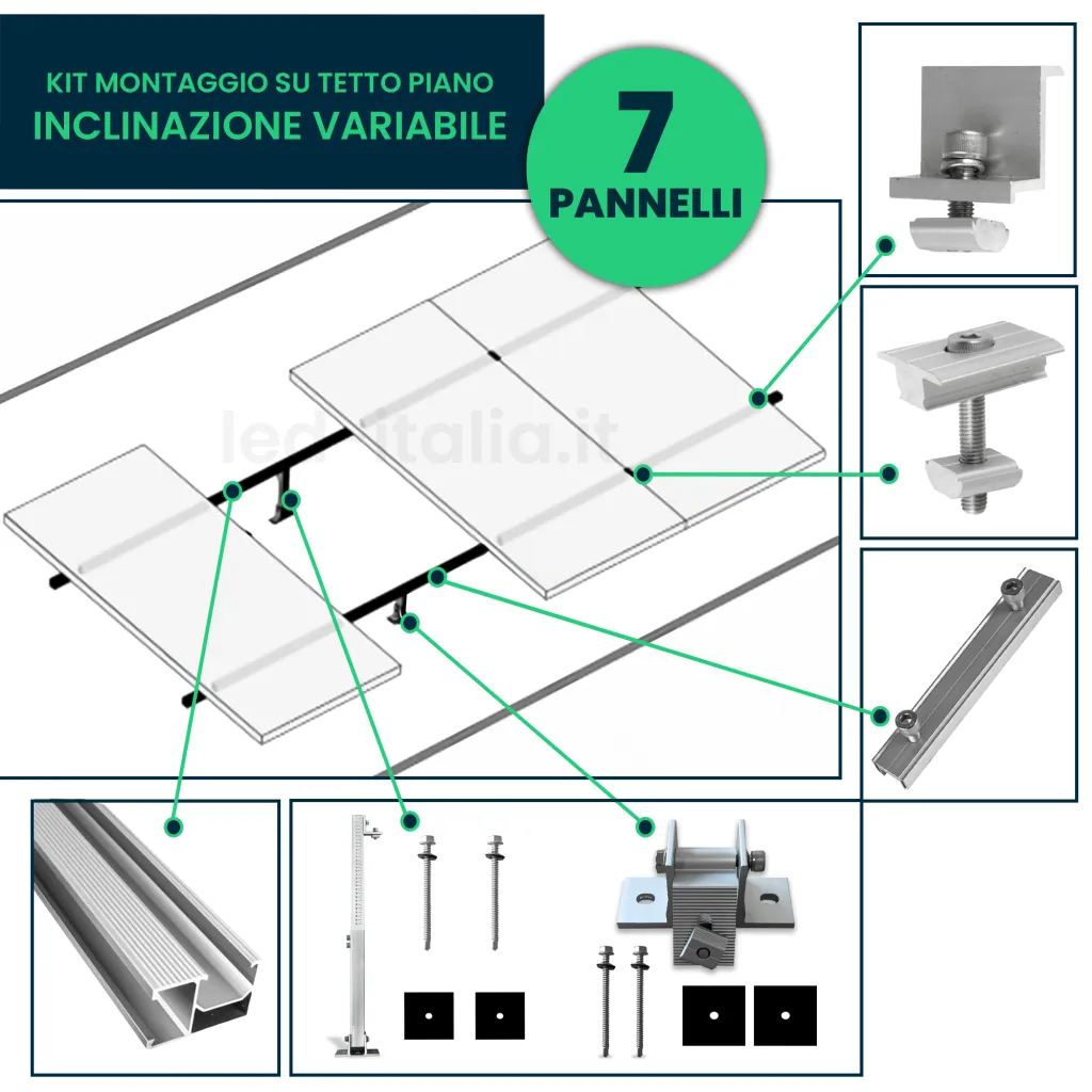 Kit Struttura in Alluminio per montaggio 7 Pannelli Fotovoltaici 30mm per installazione su Tetto Piano con Inclinazione Variabile, schema di montaggio e dettagli componenti