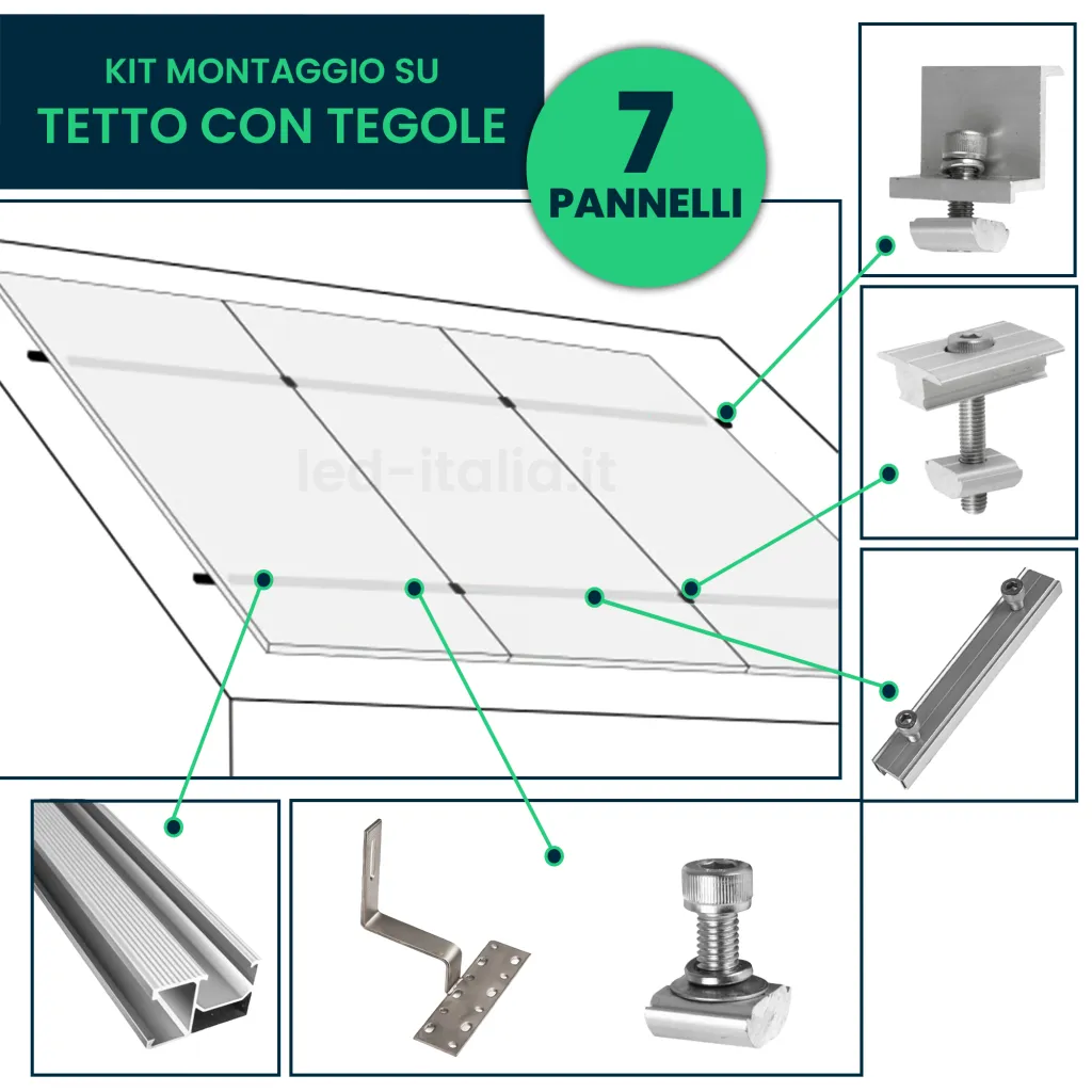 Kit Struttura in Alluminio per montaggio 7 Pannelli Fotovoltaici 30mm per installazione su Tetto con Tegole, vista esplosa componenti