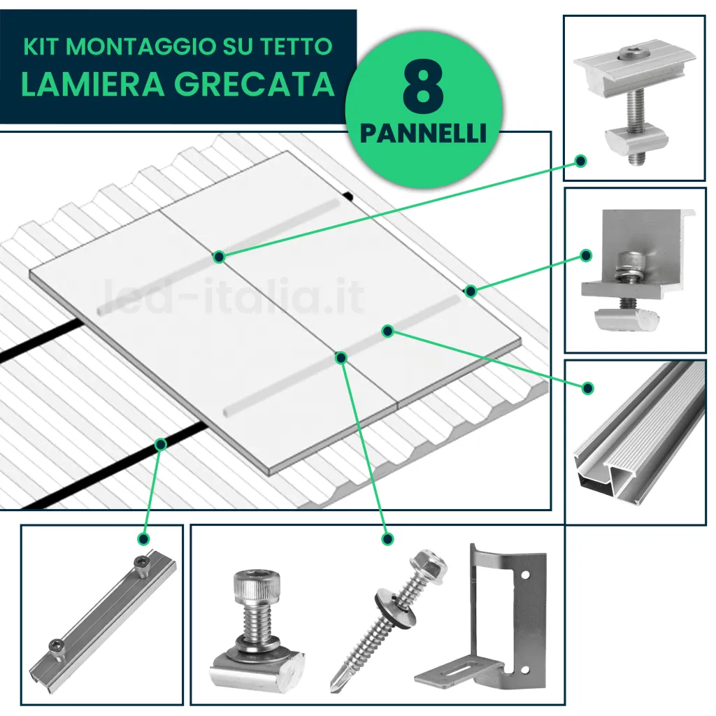Kit Struttura in Alluminio per montaggio 8 Pannelli Fotovoltaici 30mm per installazione su Tetto in Lamiera Grecata Orizzontale, vista esplosa componenti