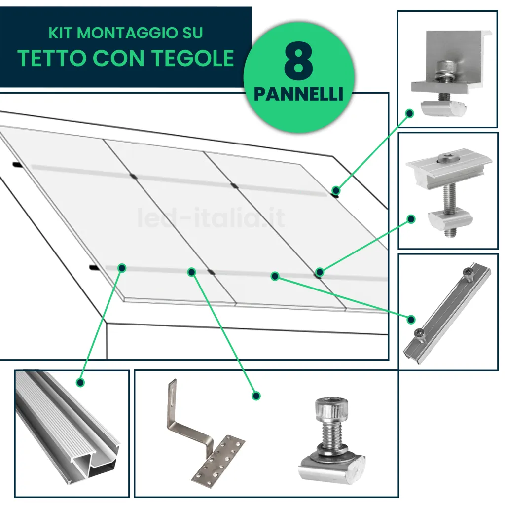 Kit Struttura in Alluminio per montaggio 8 Pannelli Fotovoltaici 30mm per installazione su Tetto con Tegole, vista esplosa componenti