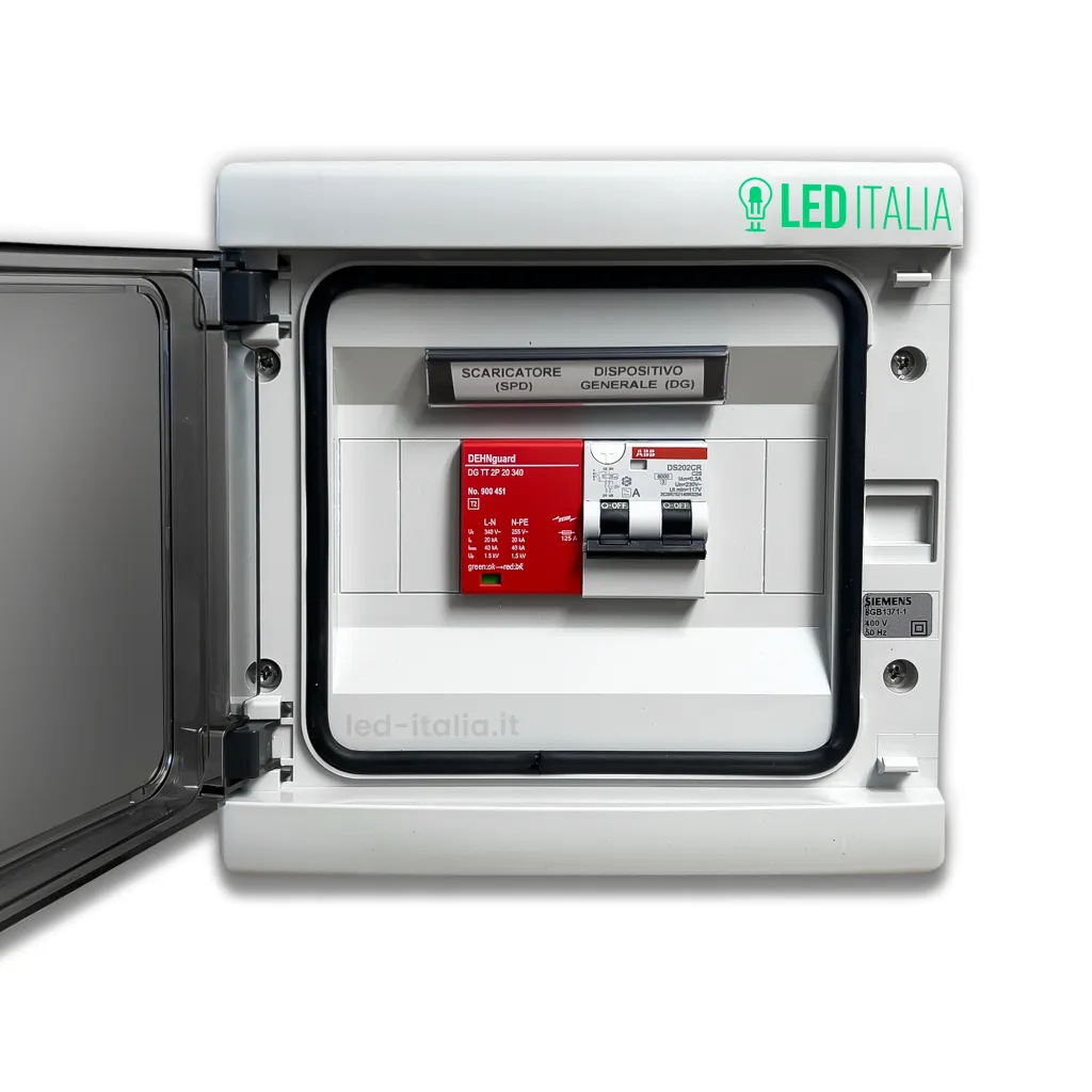 Quadro AC Monofase 4kW 20A 230V 8 Moduli Differenziale + SPD ABB / DEHN, vista frontale aperto