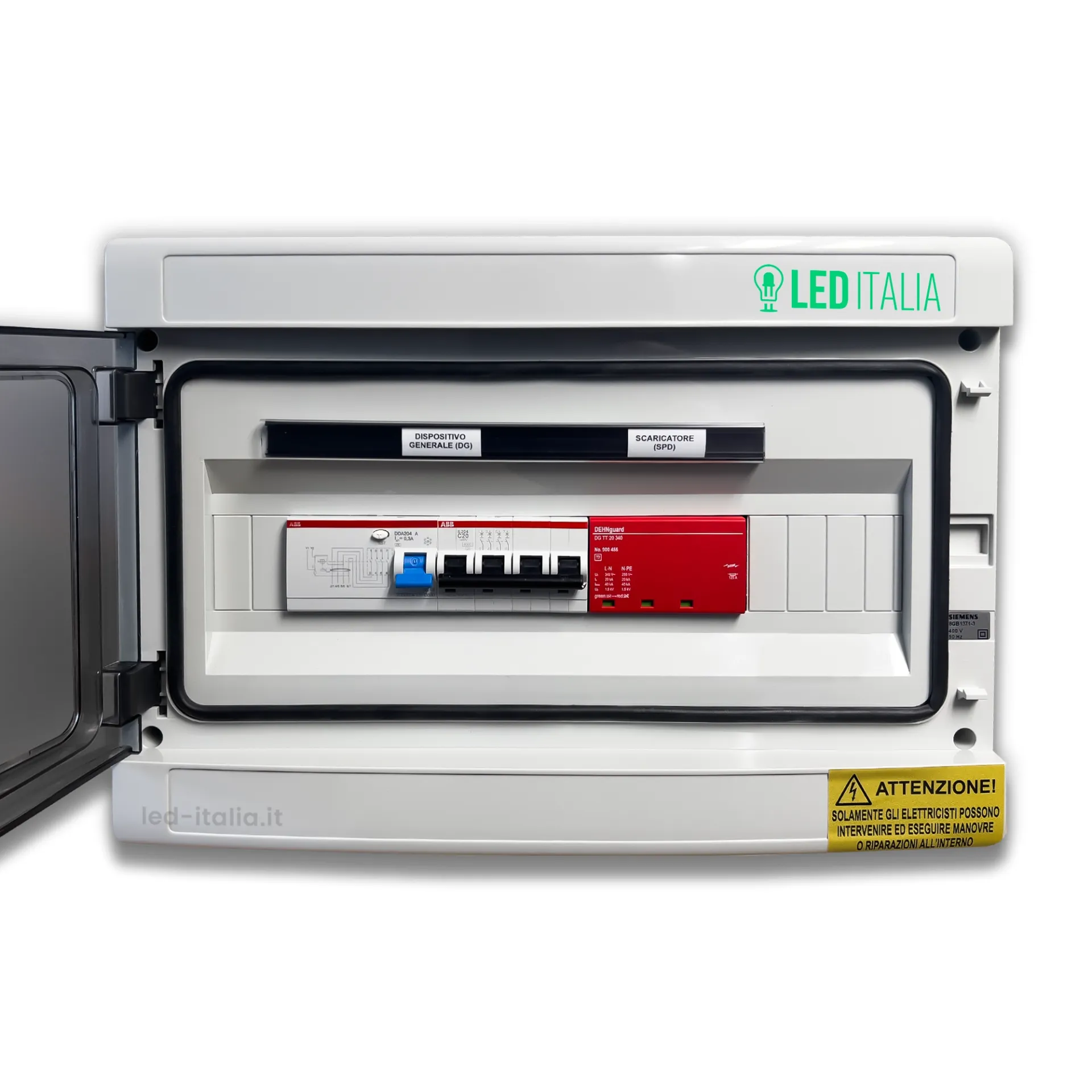 Quadro AC Trifase 10kW 20A 400V 8 Moduli Differenziale + SPD ABB / DEHN, vista frontale interno