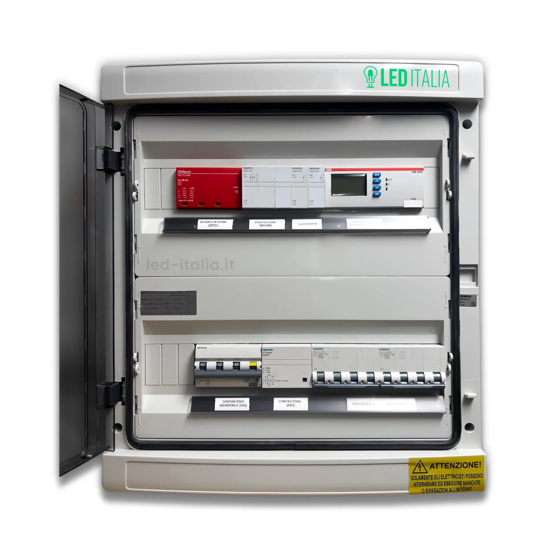 Quadro AC Trifase 20kW Doppio Inverter 32A 400V 36 Moduli Differenziale + SPD + Entra/Esci + Sgancio + Portafusibili + SPI CEI 0-21 ABB / DEHN, vista frontale aperto