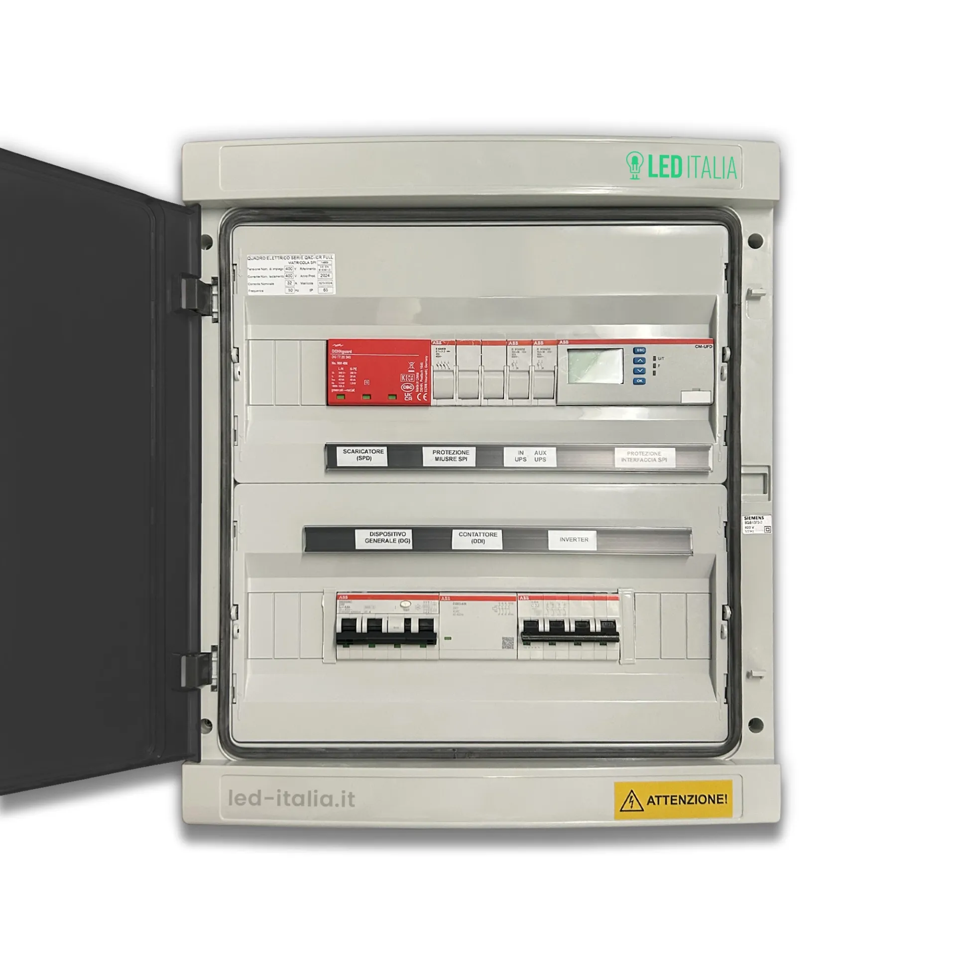 Quadro AC Trifase 20kW 32A 400V 36 Moduli Differenziale + SPD + Entra/Esci + Sgancio + Portafusibili + SPI CEI 0-21 ABB / DEHN, vista interna frontale