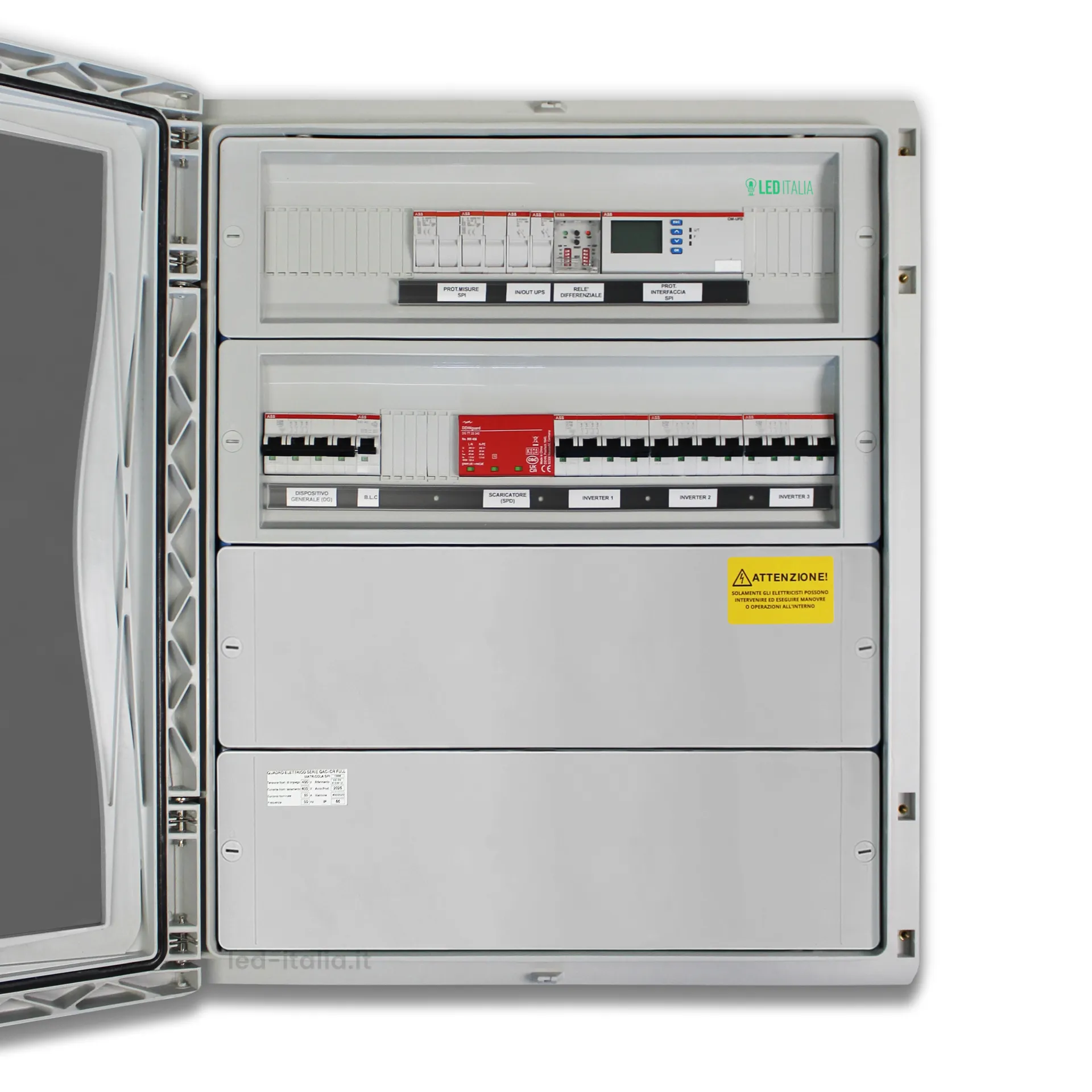 Quadro AC Trifase 30kW Triplo Inverter 50A 400V 2x24 Moduli Differenziale + SPD + Entra/Esci + Sgancio + Portafusibili + SPI CEI 0-21 ABB / DEHN, vista interna aperta