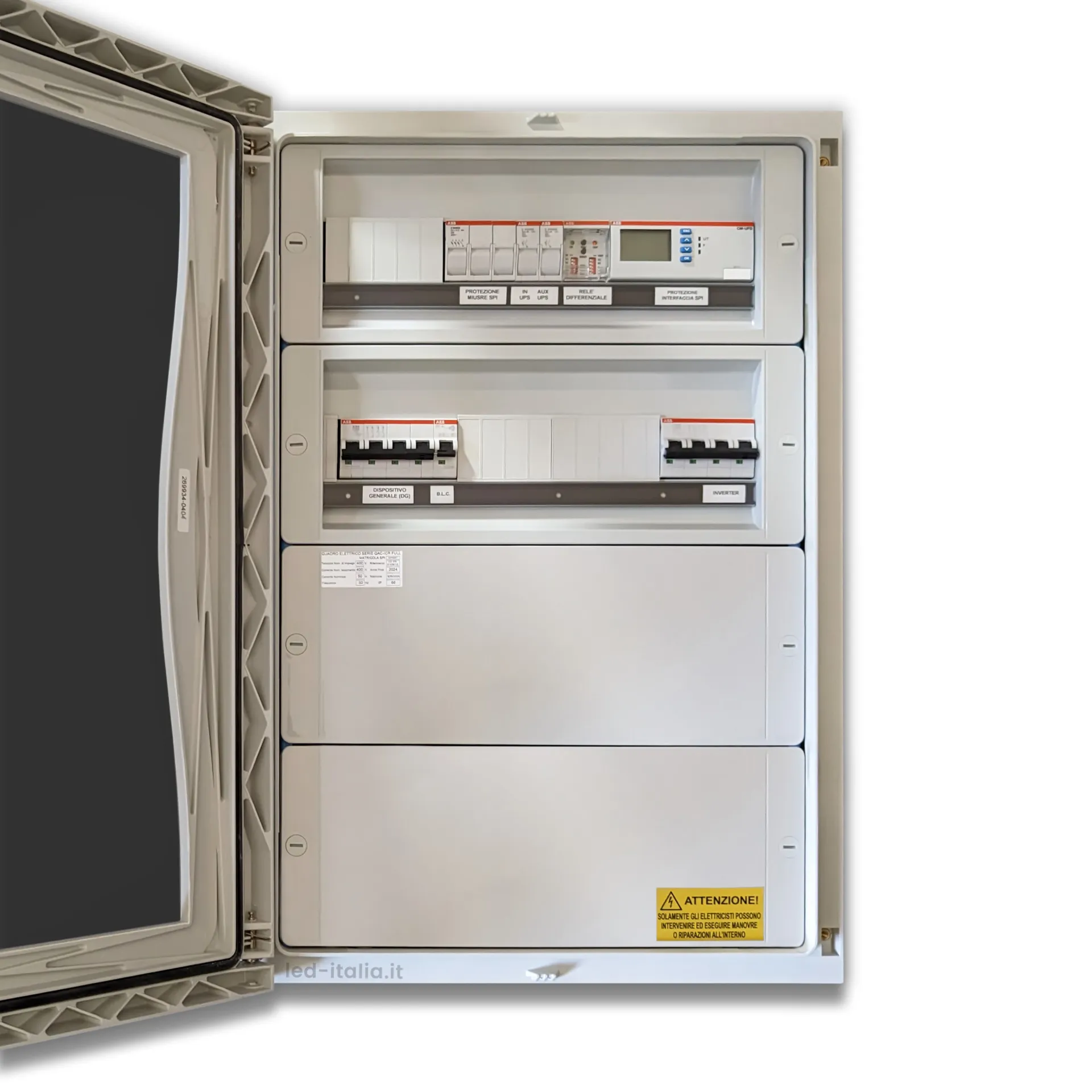 Quadro AC Trifase 30kW 50A 400V 2x24 Moduli Differenziale + SPI CEI 0-21 ABB / DEHN, vista frontale aperto