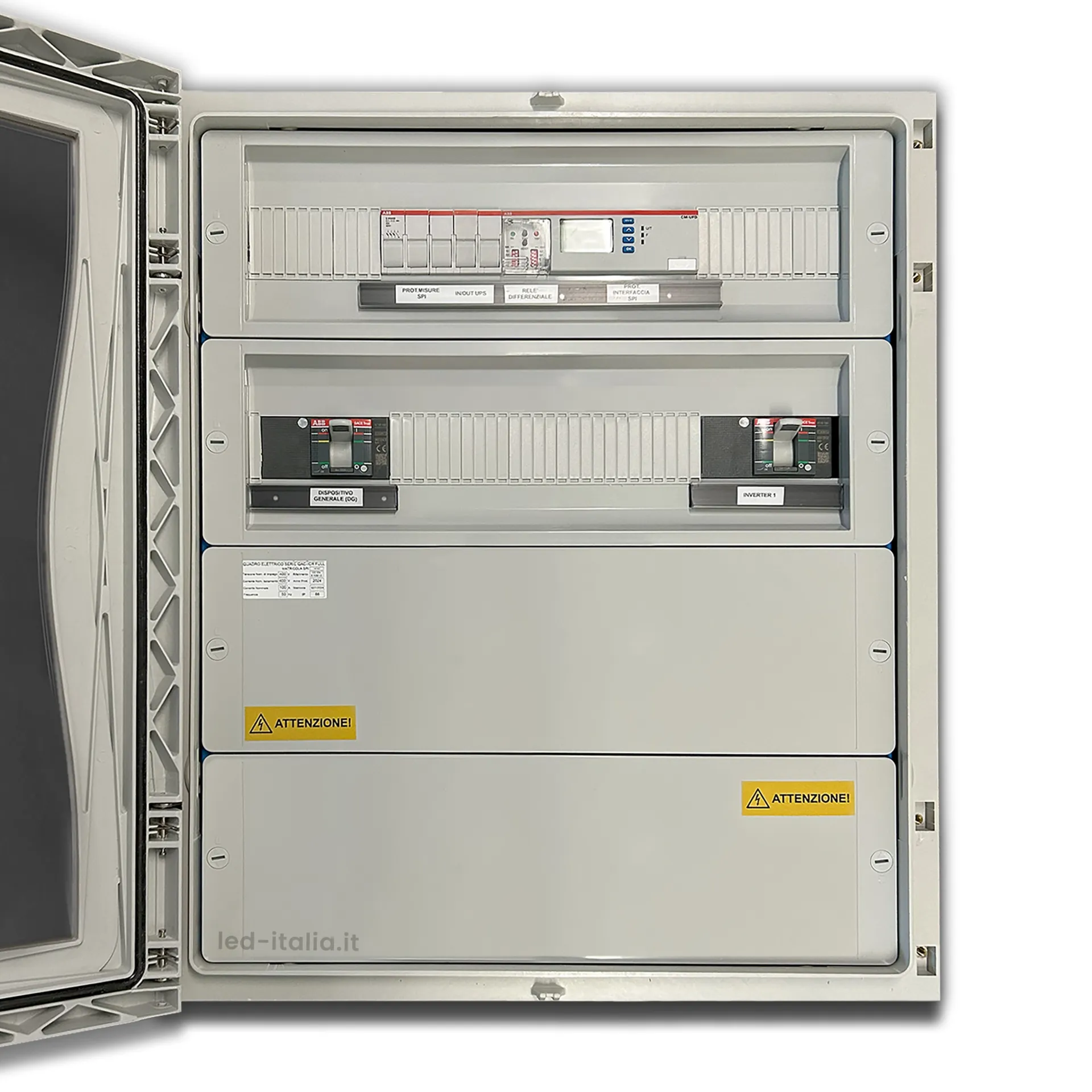 Quadro AC Trifase 50kW 100A 400V 4x24 Moduli Differenziale Tarabile + SPI CEI 0-21 ABB / DEHN, vista interna aperta
