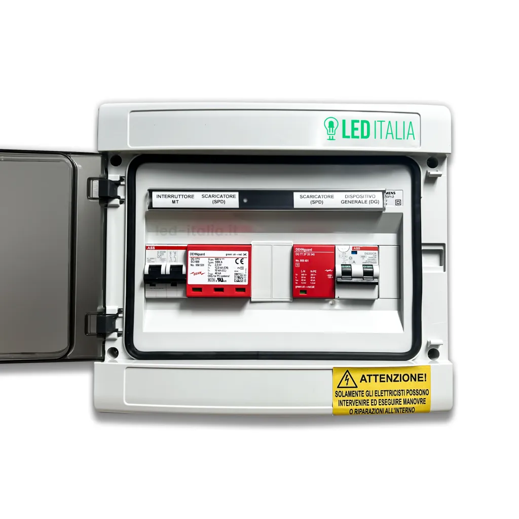 Quadro Combinato AC/DC Monofase 5kW 1/1 MPPT 25A 230V / 20A 600VDC 12 Moduli Differenziale + SPD ABB / DEHN, vista frontale aperto