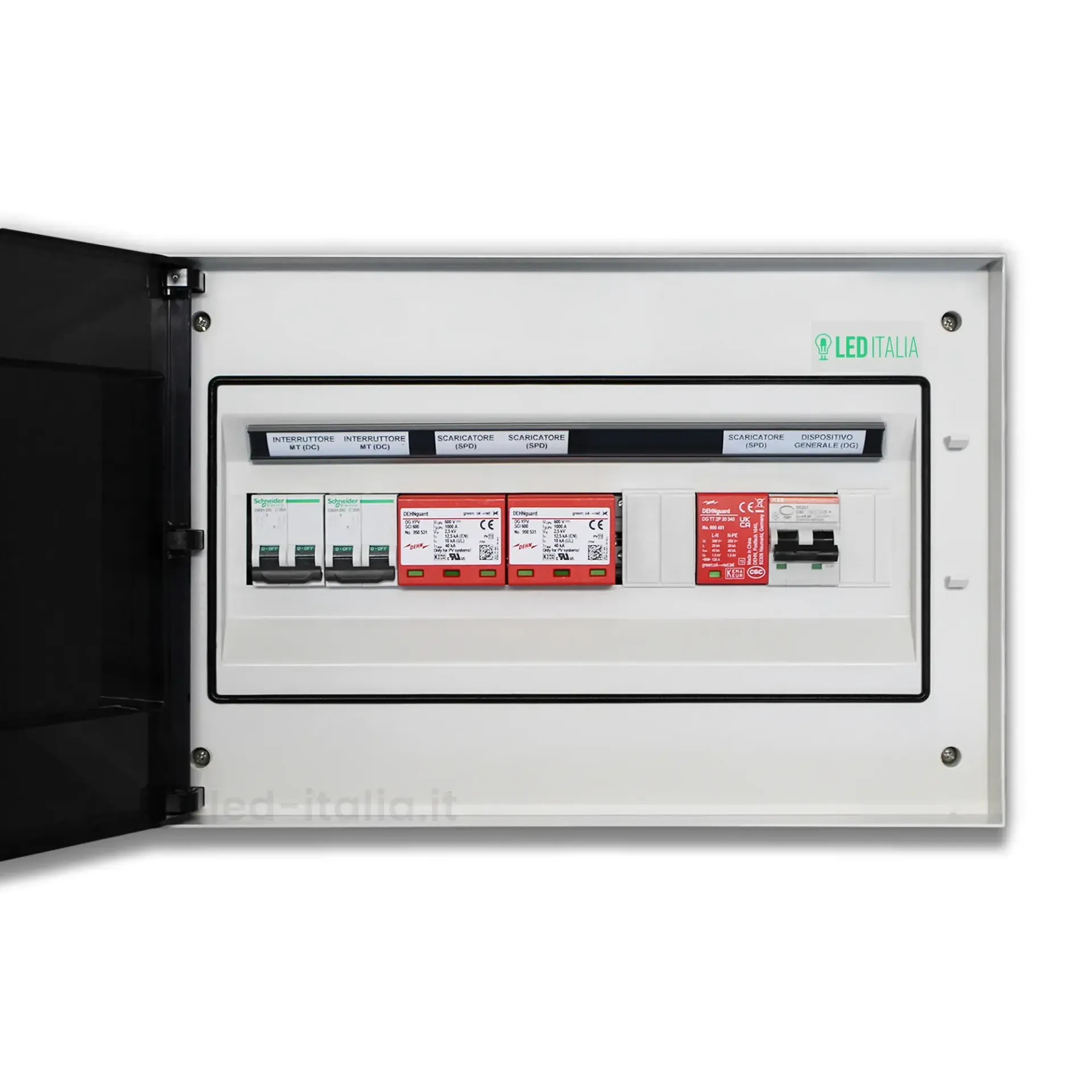 Quadro Combinato AC/DC Monofase 8kW 2/2 MPPT 40A 230V / 25A 600VDC 18 Moduli Differenziale + SPD ABB / DEHN, vista frontale aperto