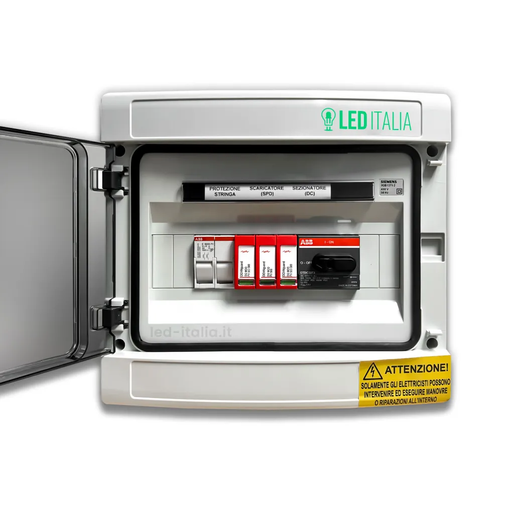 Quadro di Campo DC 1/1 MPPT 1000VDC 16A 8 Moduli Sezionatore + Portafusibili + SPD ABB / DEHN, vista frontale interna