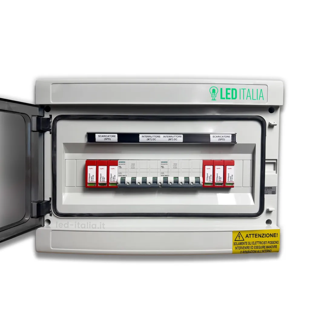 Quadro di Campo DC 2/2 MPPT 1000VDC 14-20A 12 Moduli Magnetotermico + SPD EATON / DEHN, vista frontale aperto