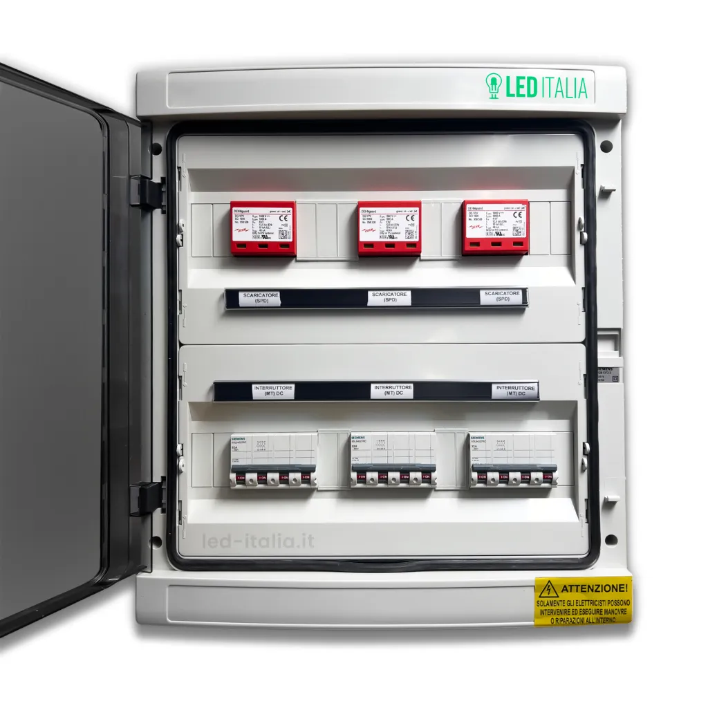 Quadro di Campo DC 3/3 MPPT 1000VDC 14-20A 12 Moduli Magnetotermico + SPD EATON / DEHN, vista interna