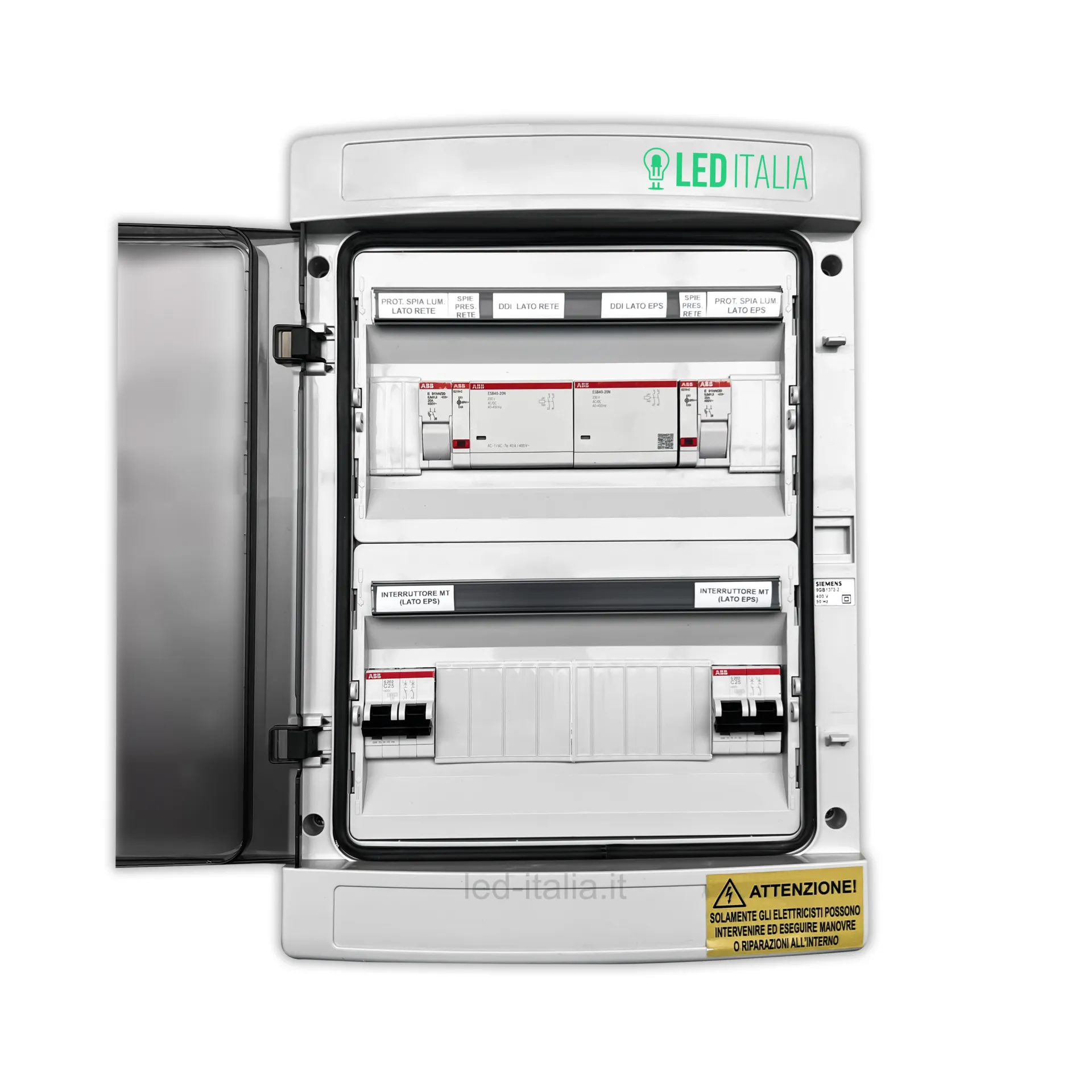 Quadro di Commutazione Automatico Monofase Rete/Carico fino a 5kW, vista frontale aperto