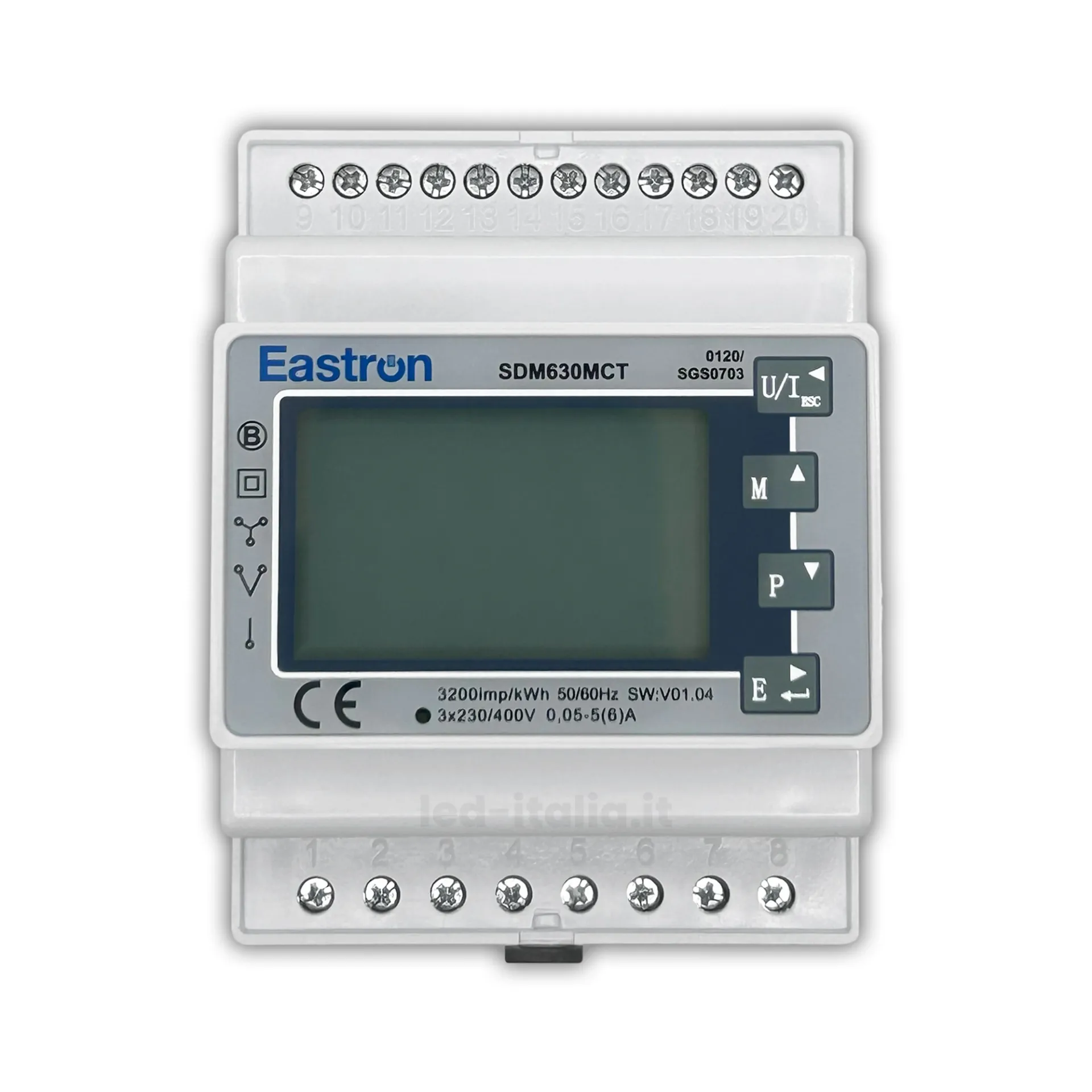 Meter Trifase Eastron con CT Esterno e RS485 Modbus, Contatore Bidirezionale per Sistemi Fotovoltaici con Inverter Deye e Solis, Controllo Energetico e Misurazione Precisa, vista frontale
