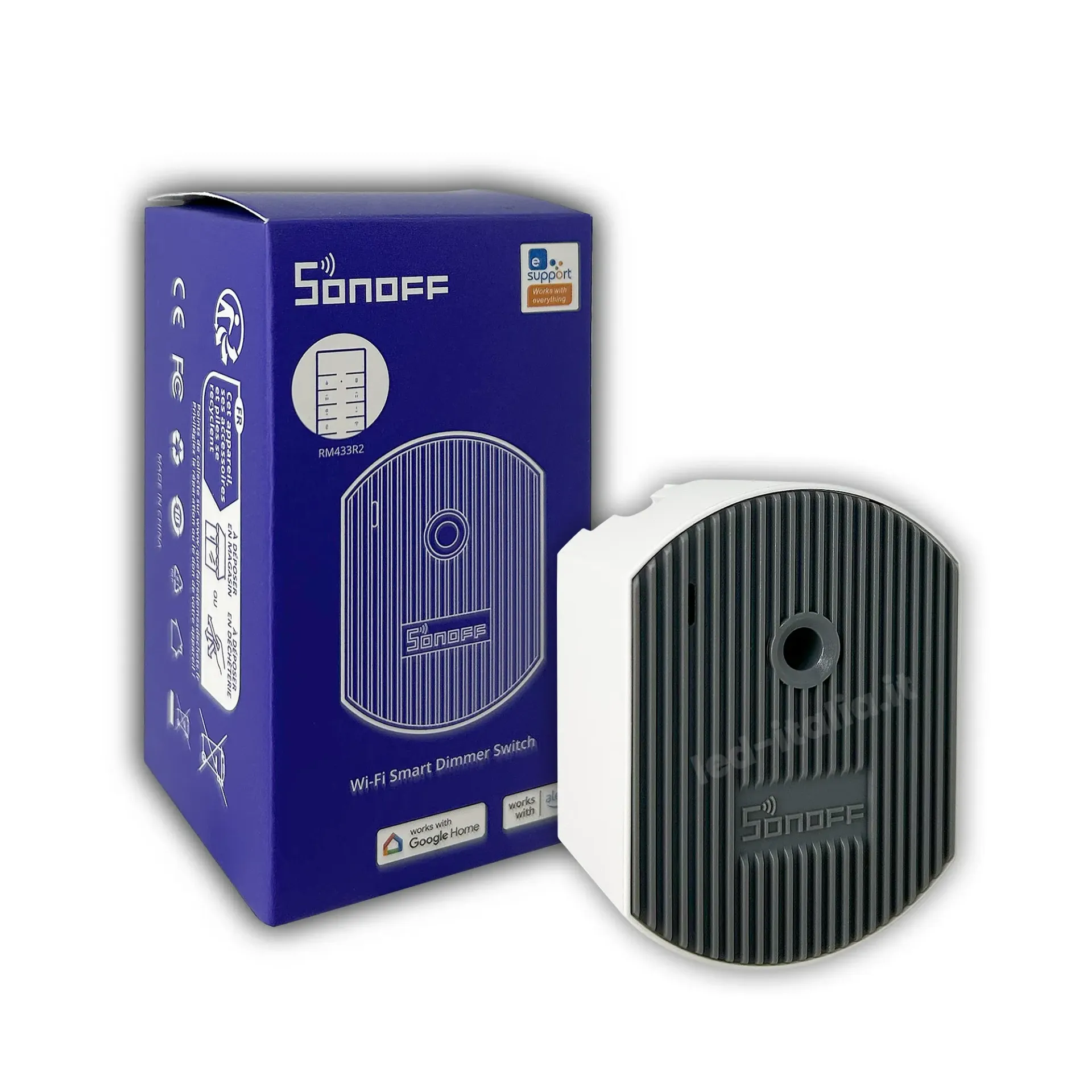 Interruttore Dimmer Smart WiFi 200W con Telecomando RF, vista angolata con scatola