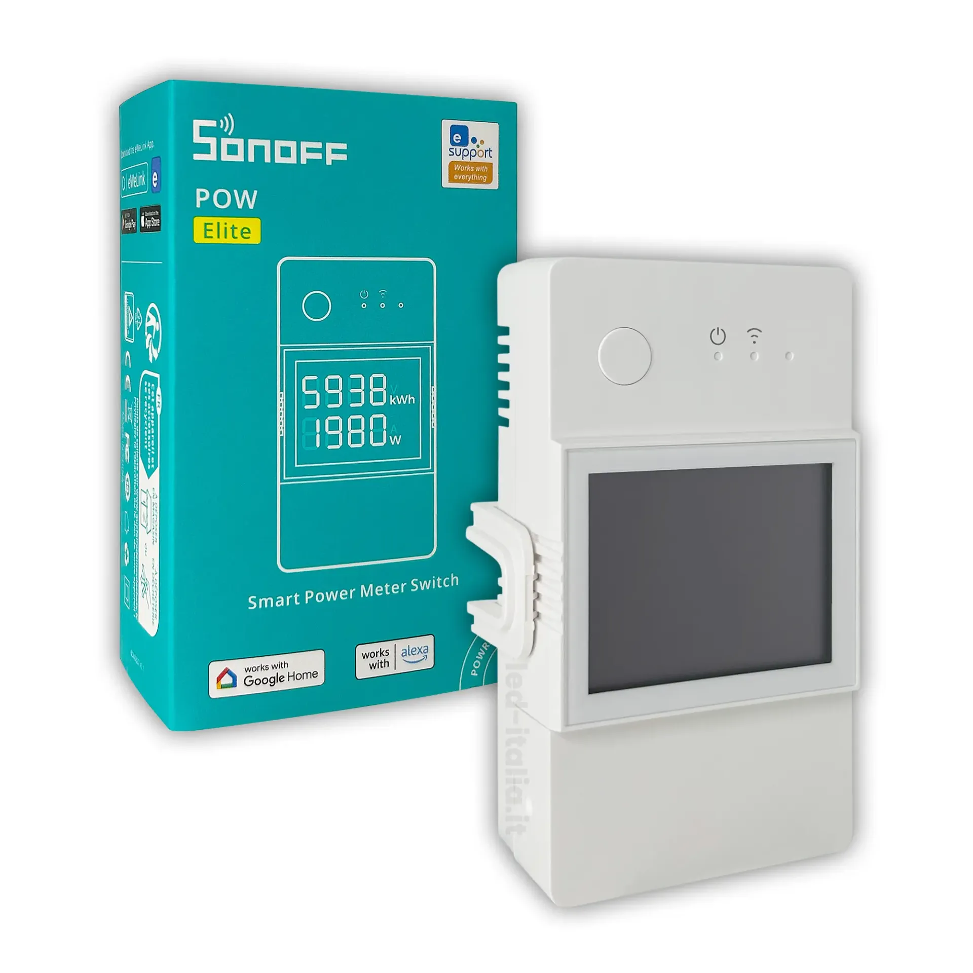 Smart Meter con Interruttore WiFi 20A, vista angolata con scatola