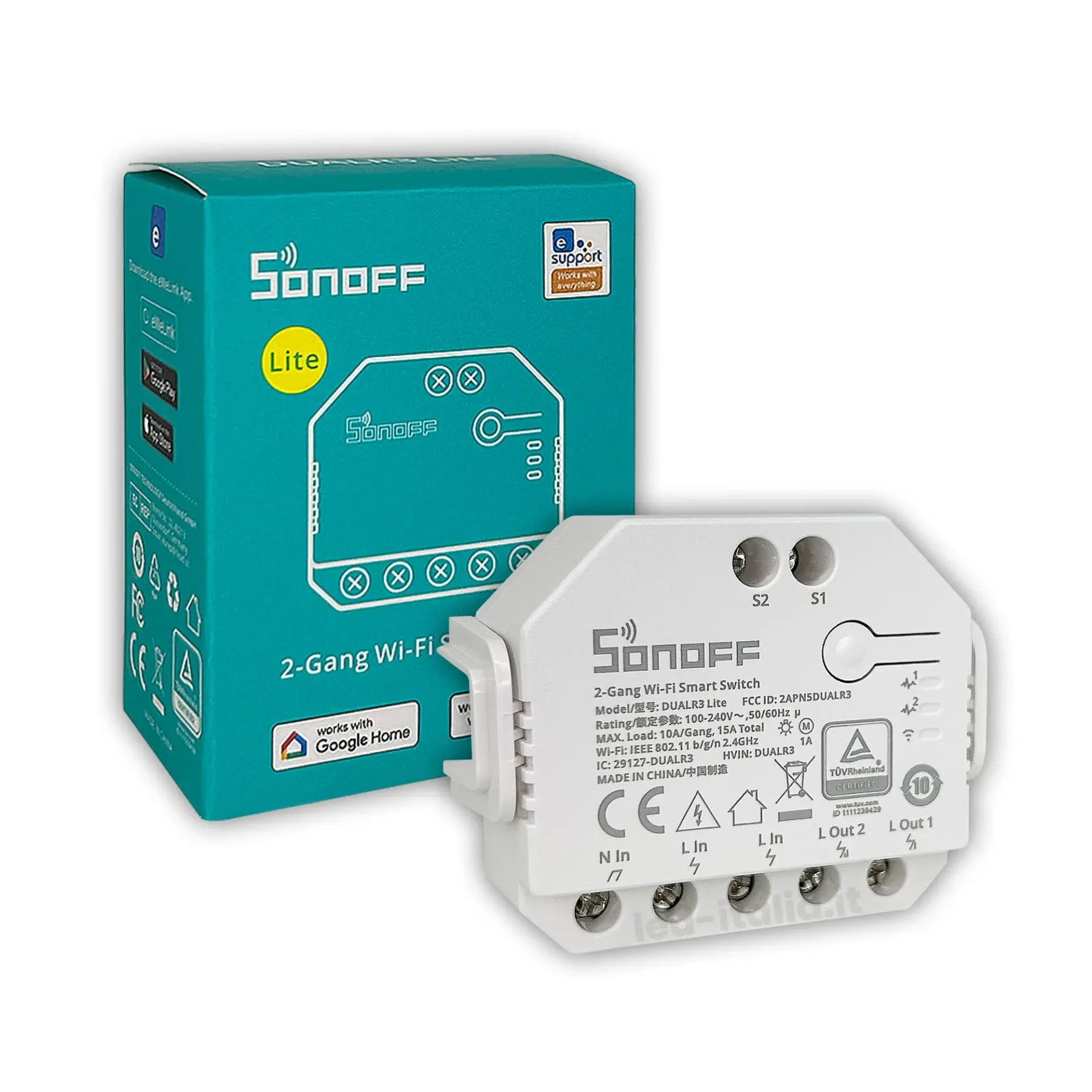 Interruttore Smart WiFi 2 Canali con possibilità per il controllo Tapparelle, vista angolata con scatola