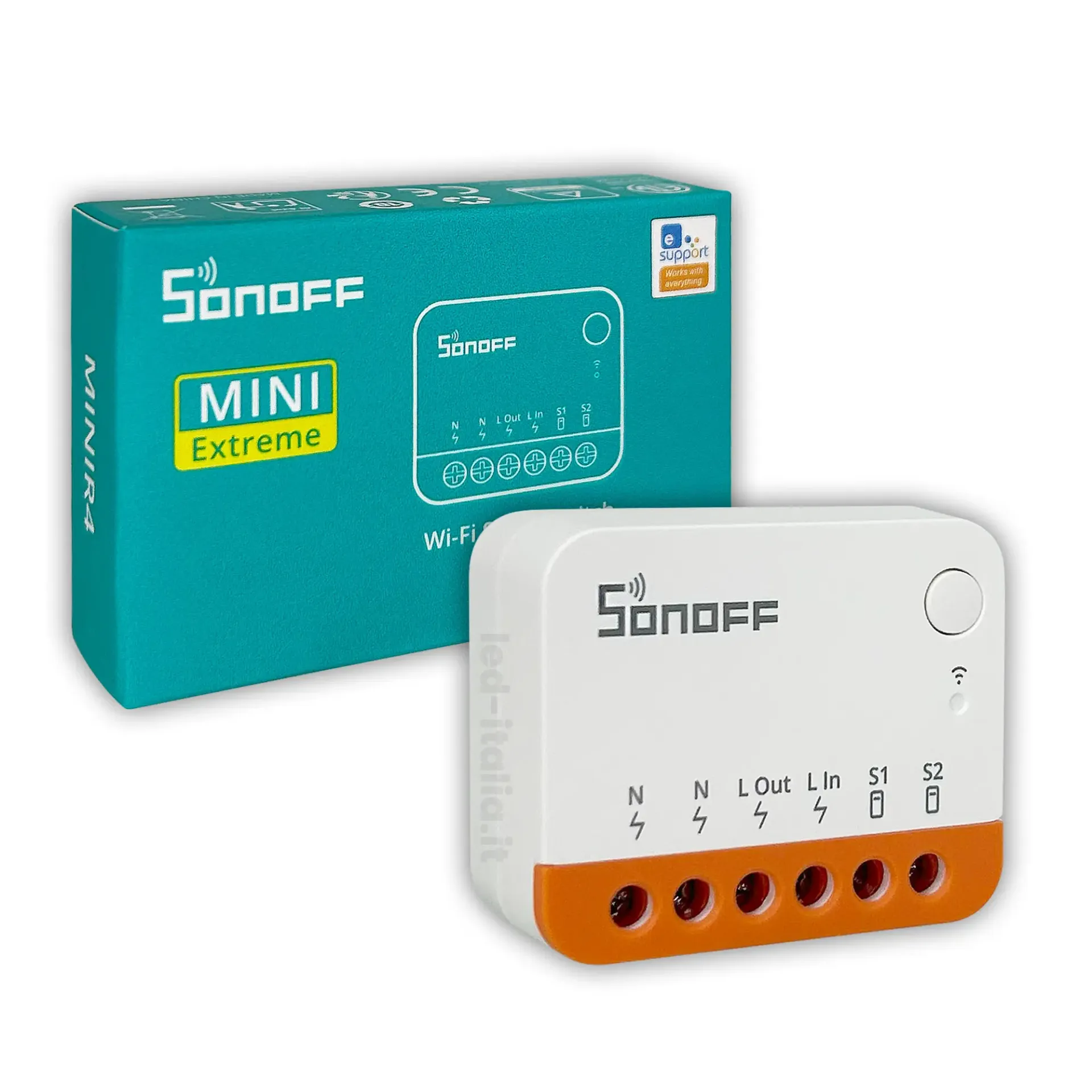 Interruttore Mini Extreme Smart WiFi 1 Canale, vista angolata con scatola