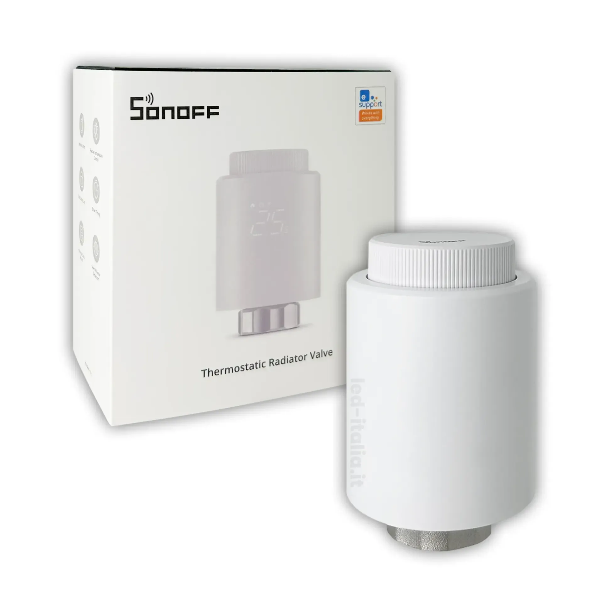 Valvola Smart Termostatica ZigBee per Termosifoni, prodotto e scatola, vista angolata