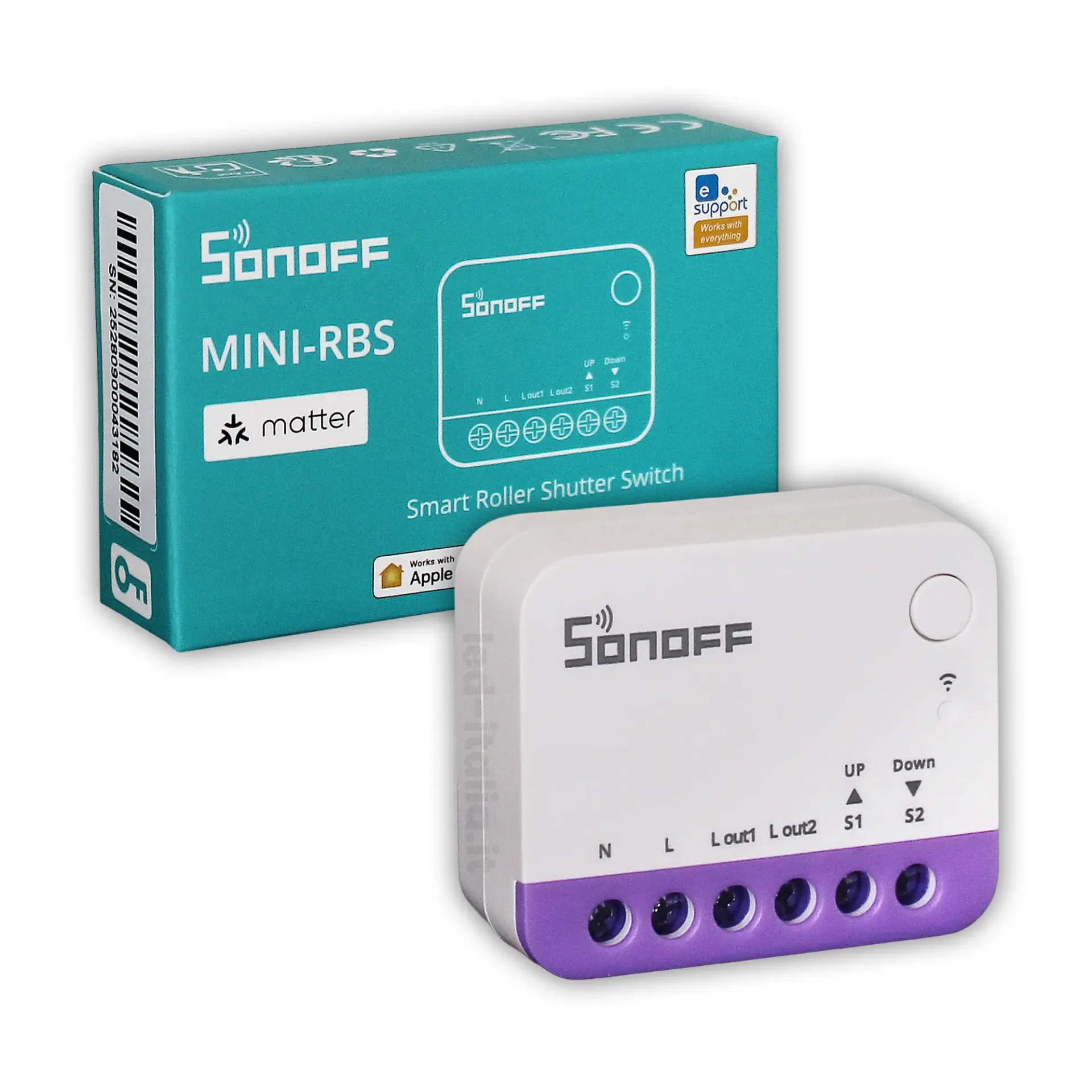 Interruttore Smart Mini WiFi Matter per Tapparelle Motorizzate, vista angolata con scatola