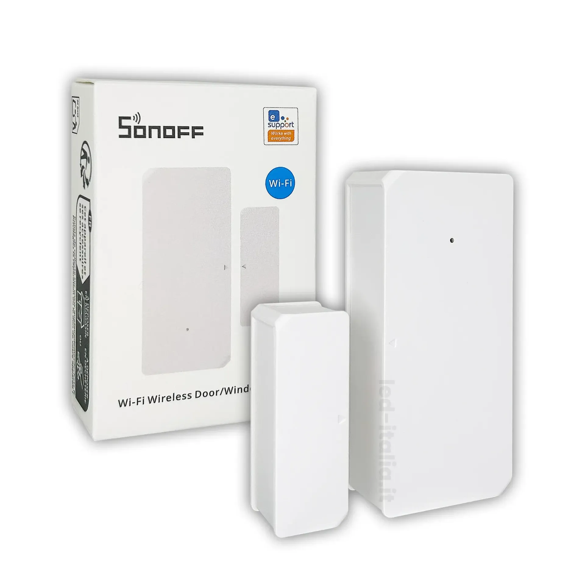 Sensore Wireless per Porte e Finestre Smart WiFi, vista frontale con scatola