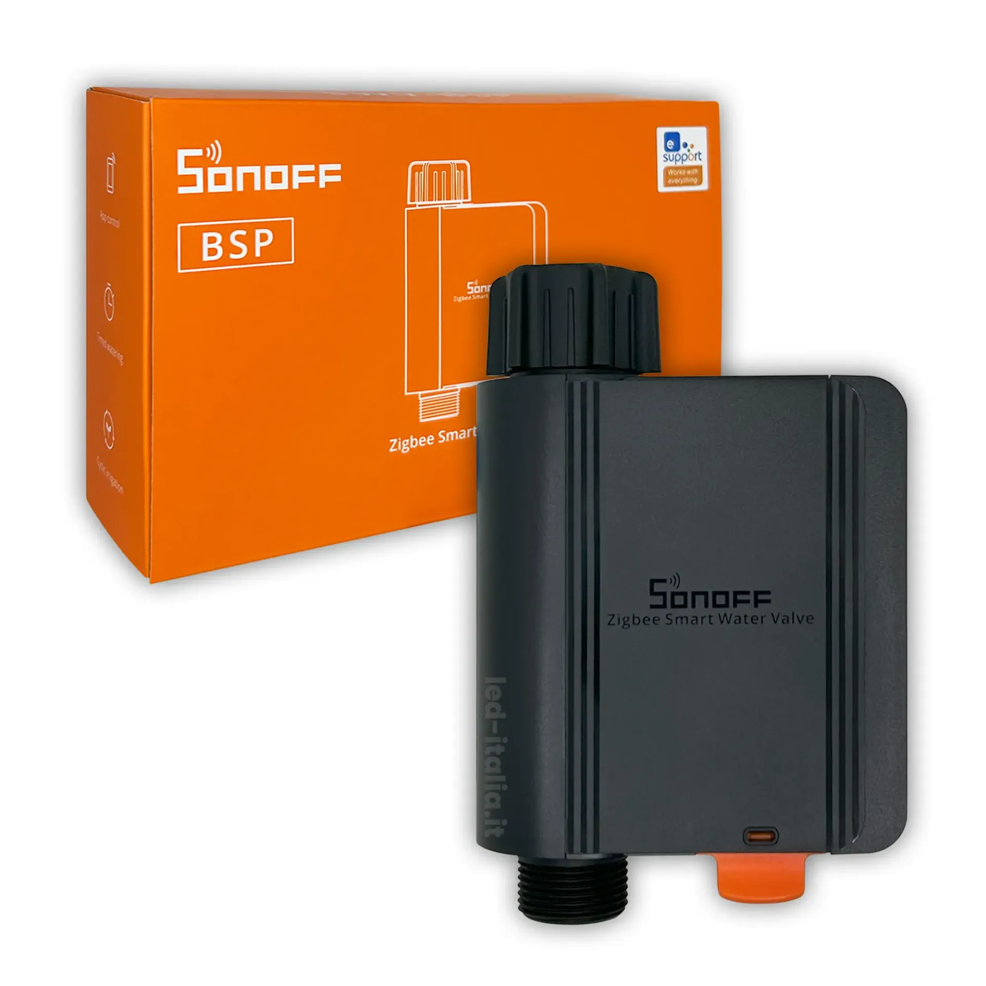 Valvola Smart ZigBee per Irrigazione, vista frontale con scatola