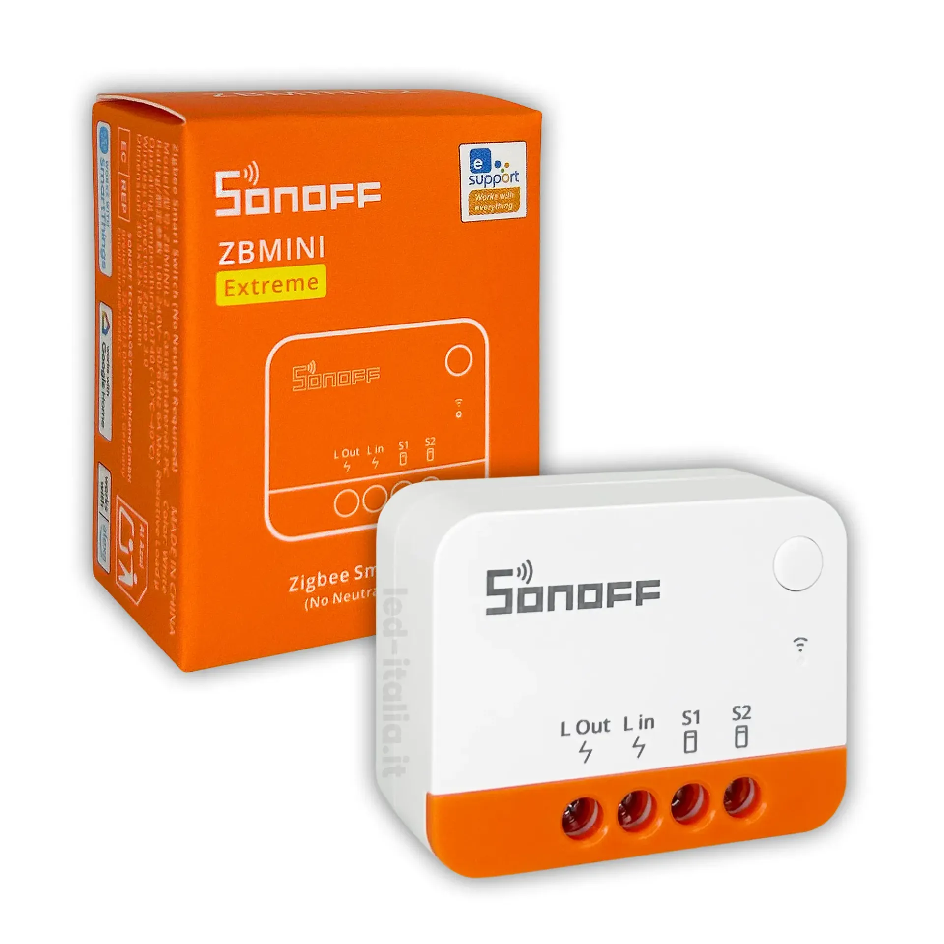 Interruttore Mini Smart ZigBee senza Neutro, vista angolata con scatola