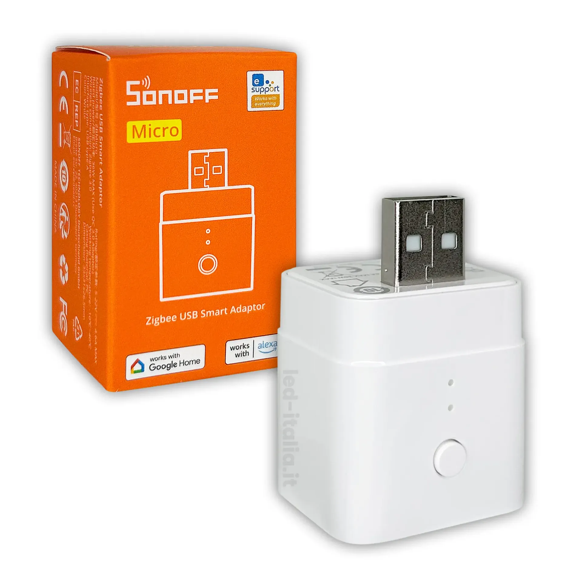Adattatore Smart USB Tipo-A ZigBee, vista frontale con scatola
