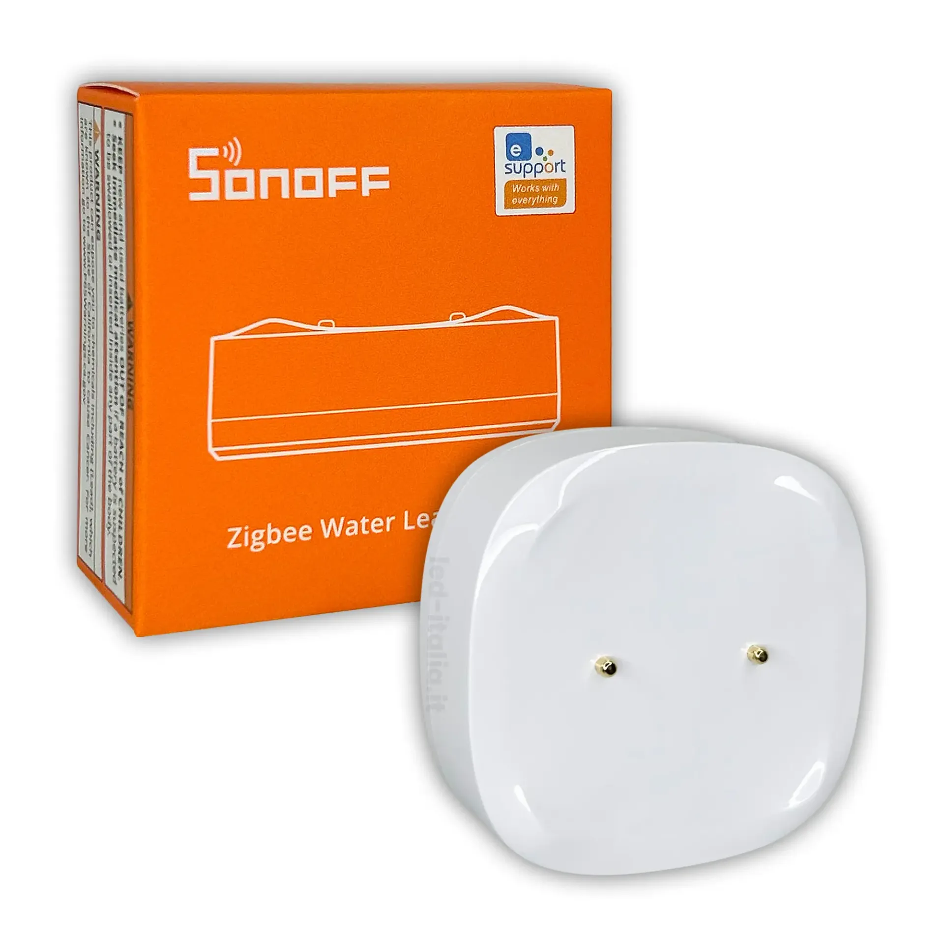 Sensore Smart di Perdite d Acqua ZigBee, vista frontale con scatola