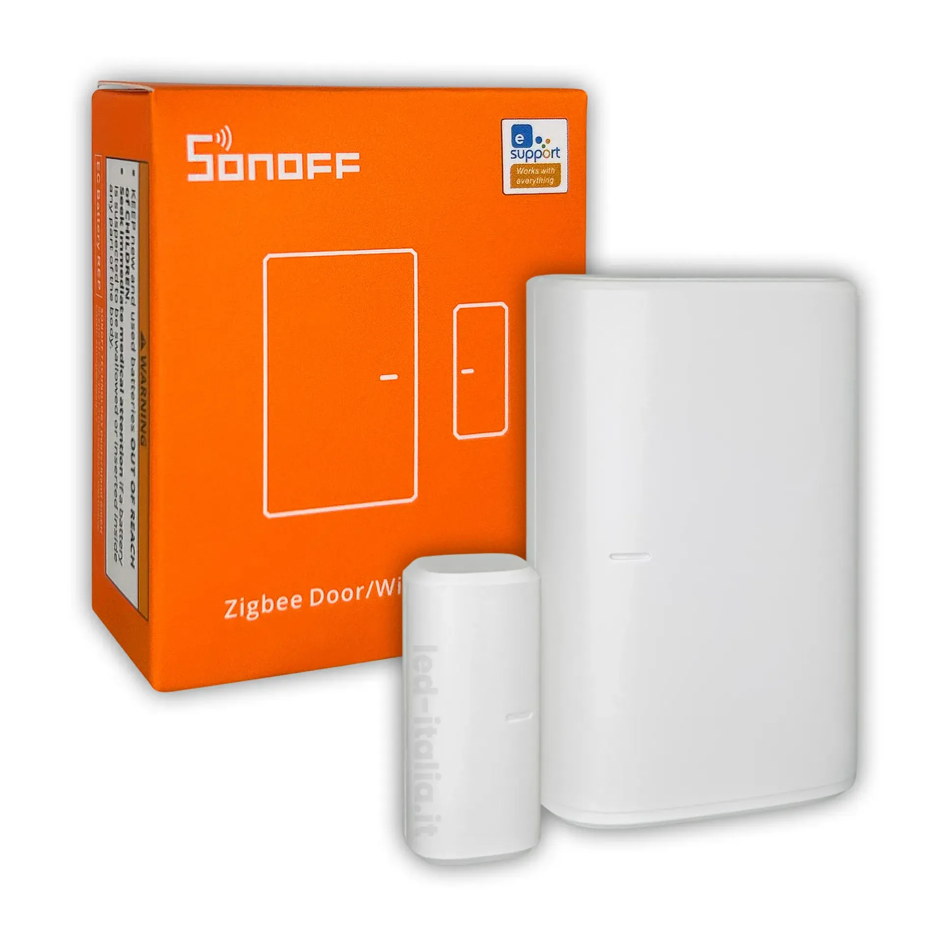 Sensore Wireless per Porte e Finestre Smart ZigBee, vista del prodotto con scatola