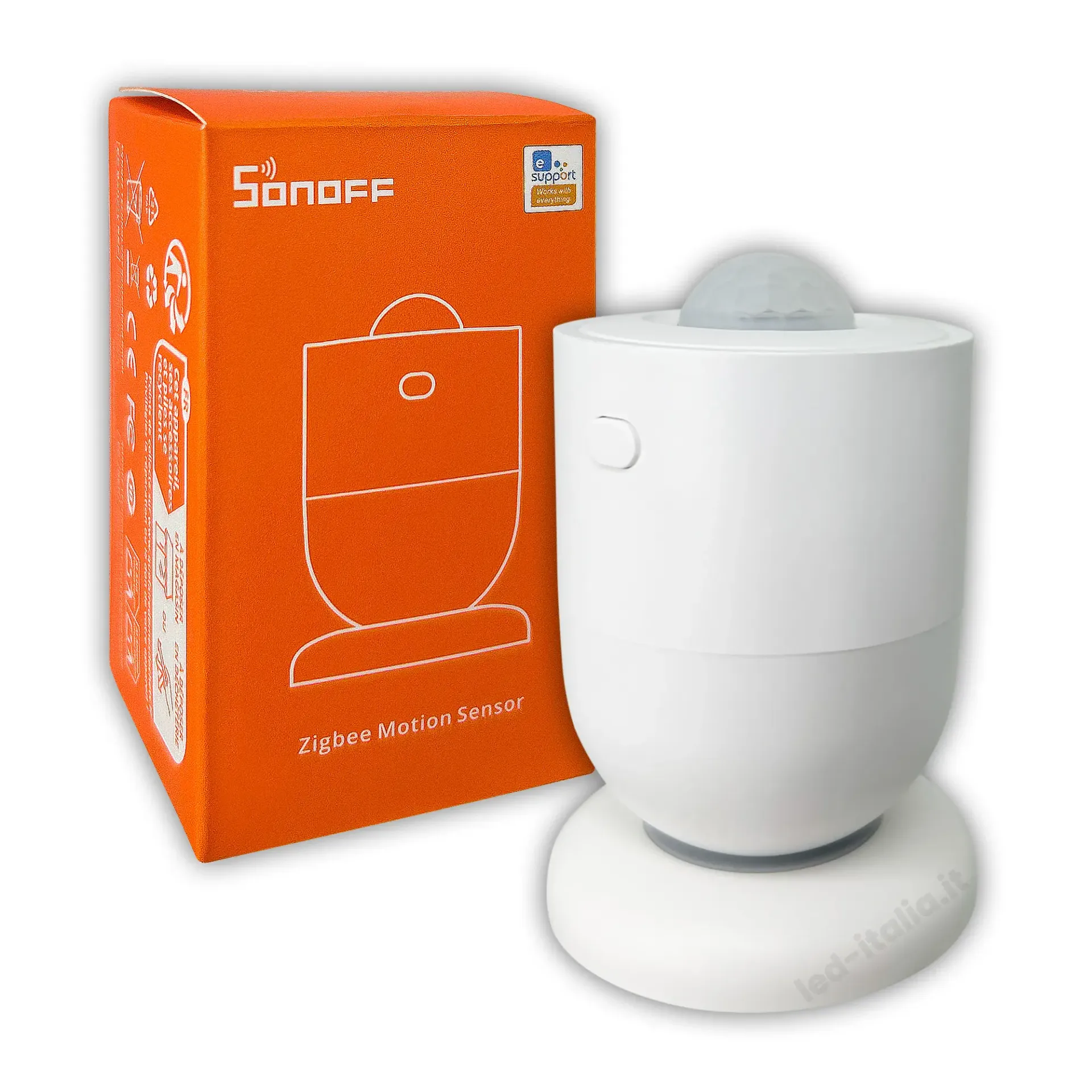 Sensore di Movimento a Infrarossi Smart ZigBee Wireless, vista angolata con scatola