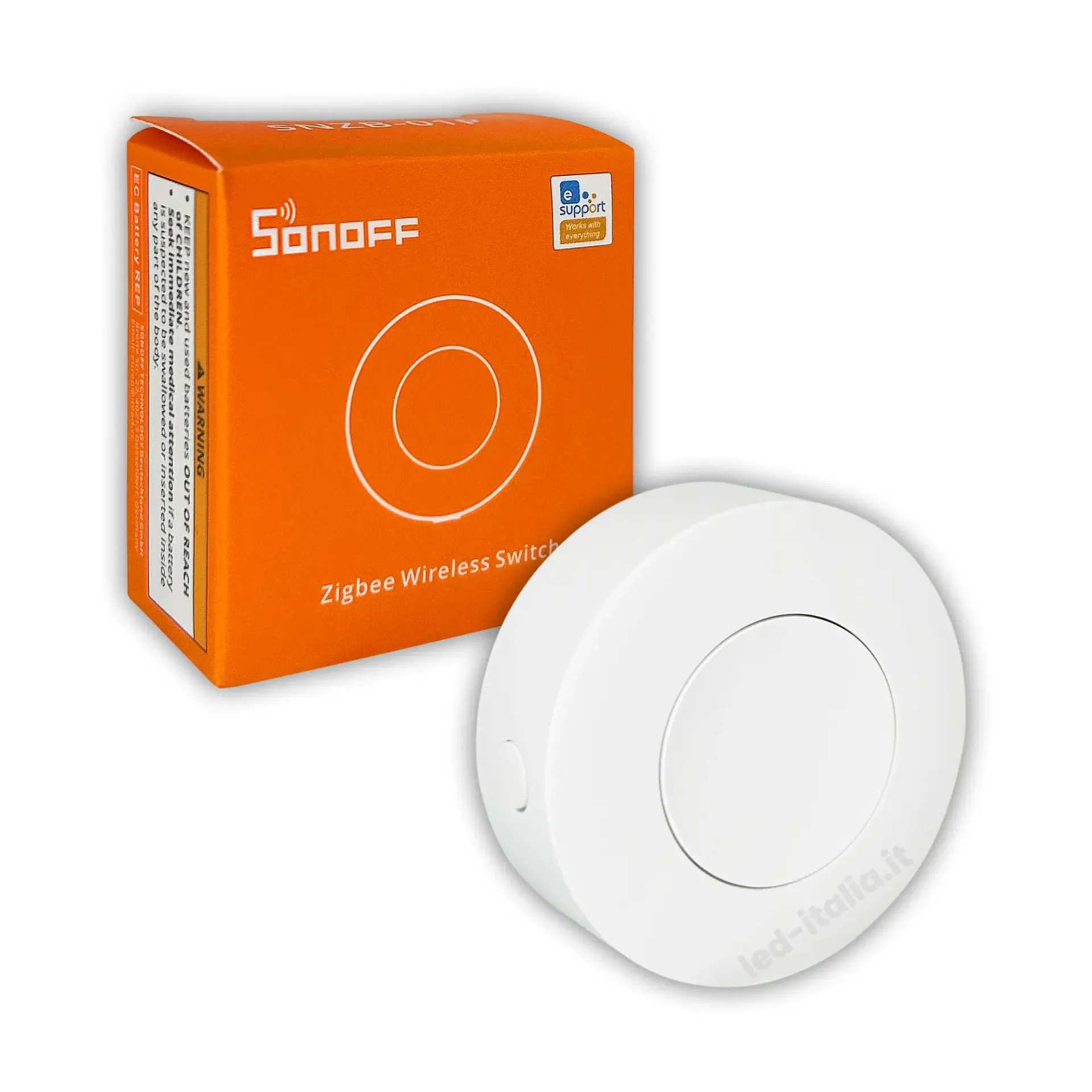 Interruttore Smart Wireless ZigBee 1 Tasto, vista angolata con scatola