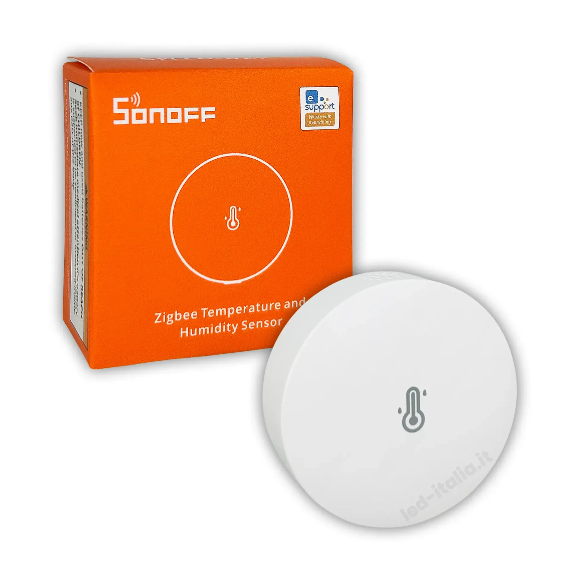 Sensore Smart di Temperatura e Umidità ZigBee Wireless, vista frontale e scatola