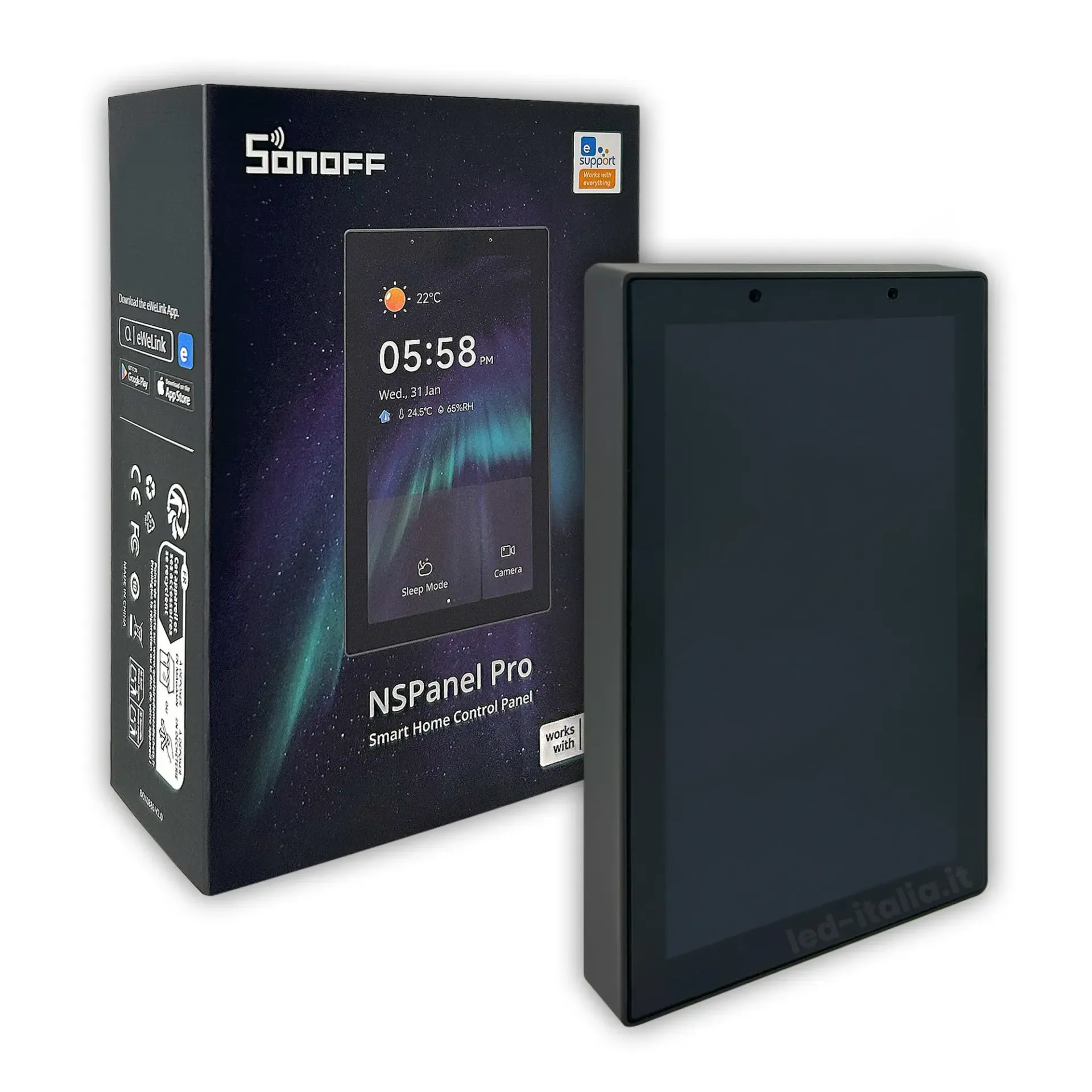 Pannello di Controllo Smart Home WiFi con Schermo Touch LCD e HUB ZigBee integrato 122x74x39mm, vista angolata con scatola