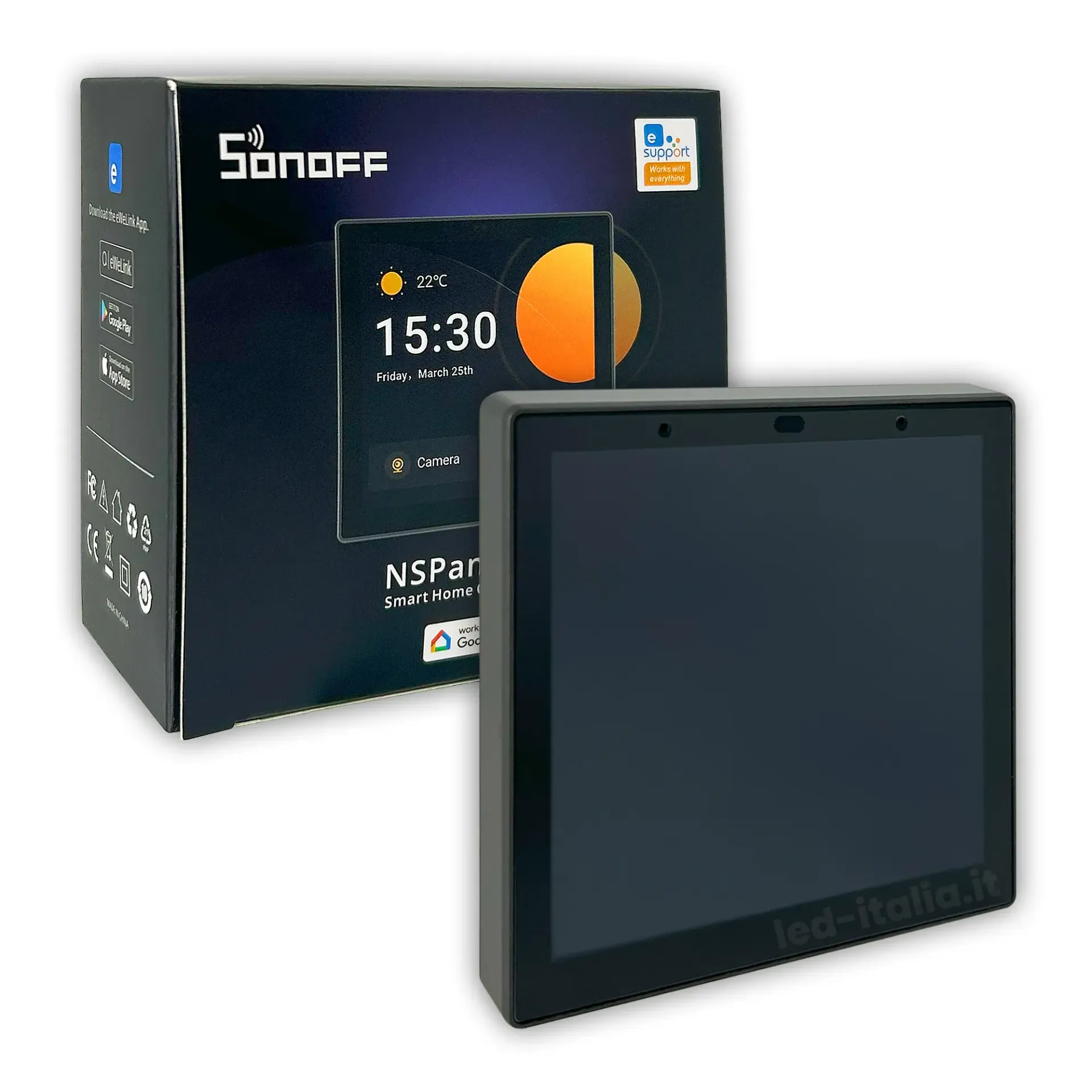 Pannello di Controllo Smart Home WiFi con Schermo Touch LCD e HUB ZigBee integrato 86x86x39mm, vista angolata con scatola